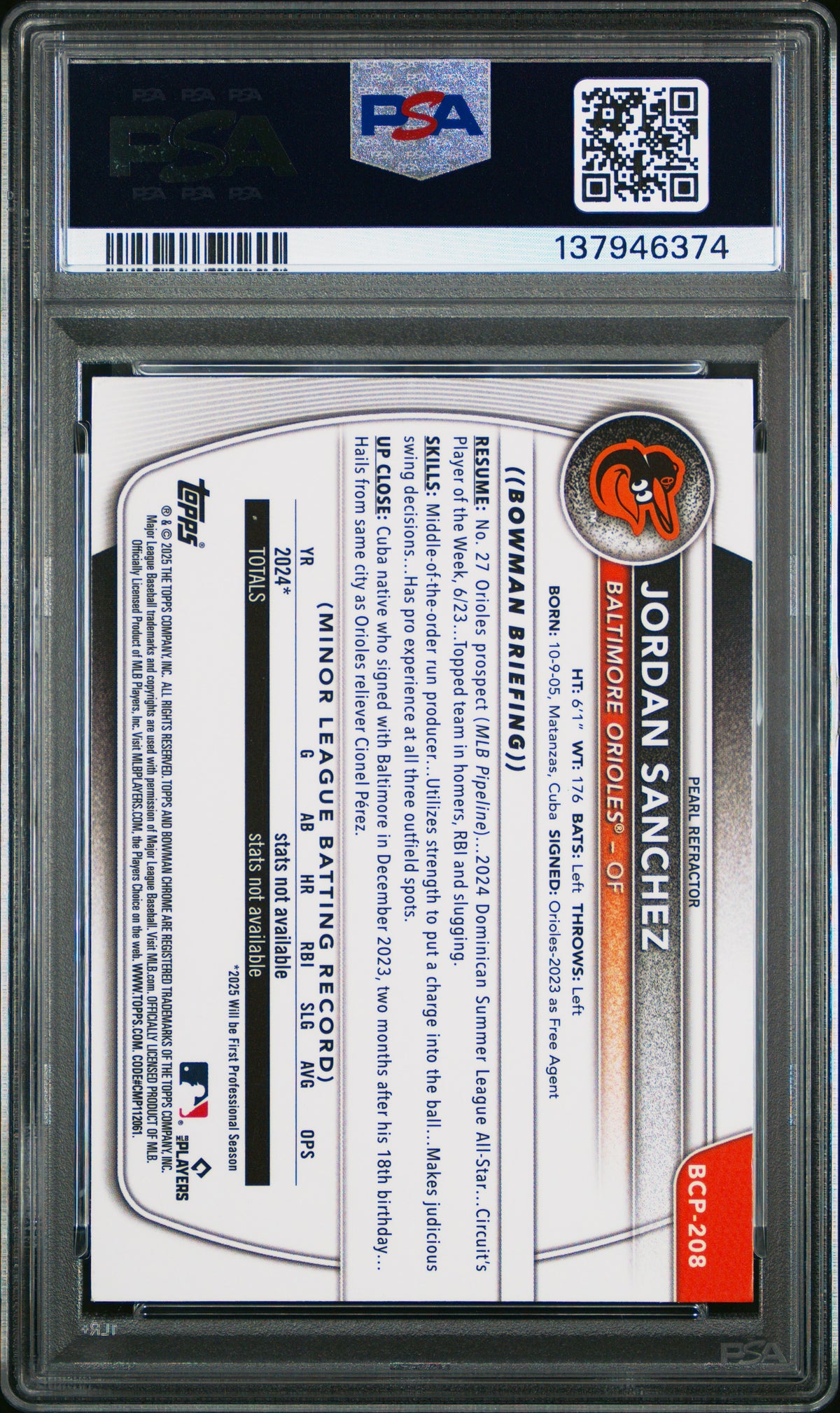 2025 Bowman Chrome Prospects Jordan Sanchez Pearl Refractor Rookie PSA 8