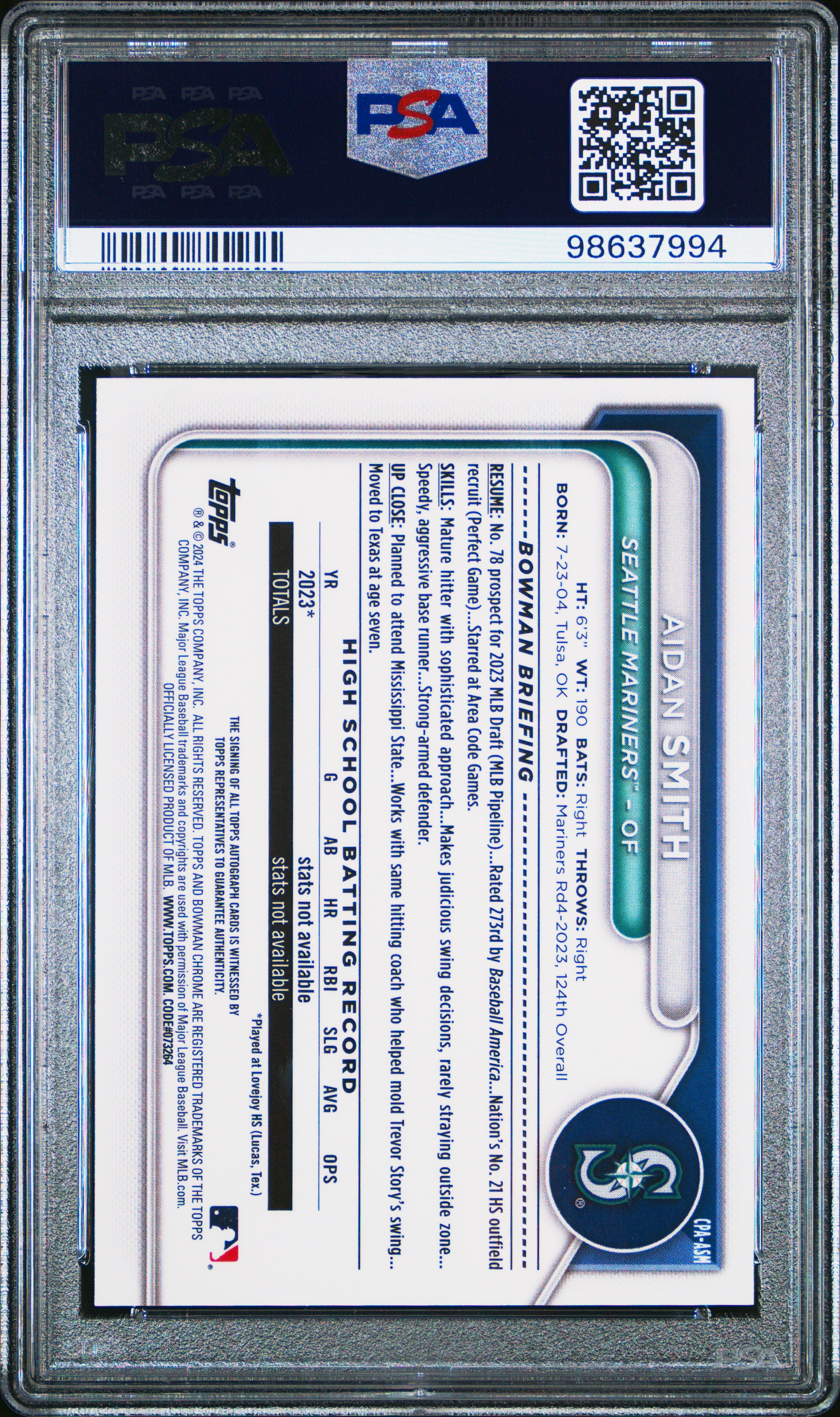 2024 Bowman Chrome Prospect Autographs Aidan Smith #CPAASM PSA 9 1st Bowman