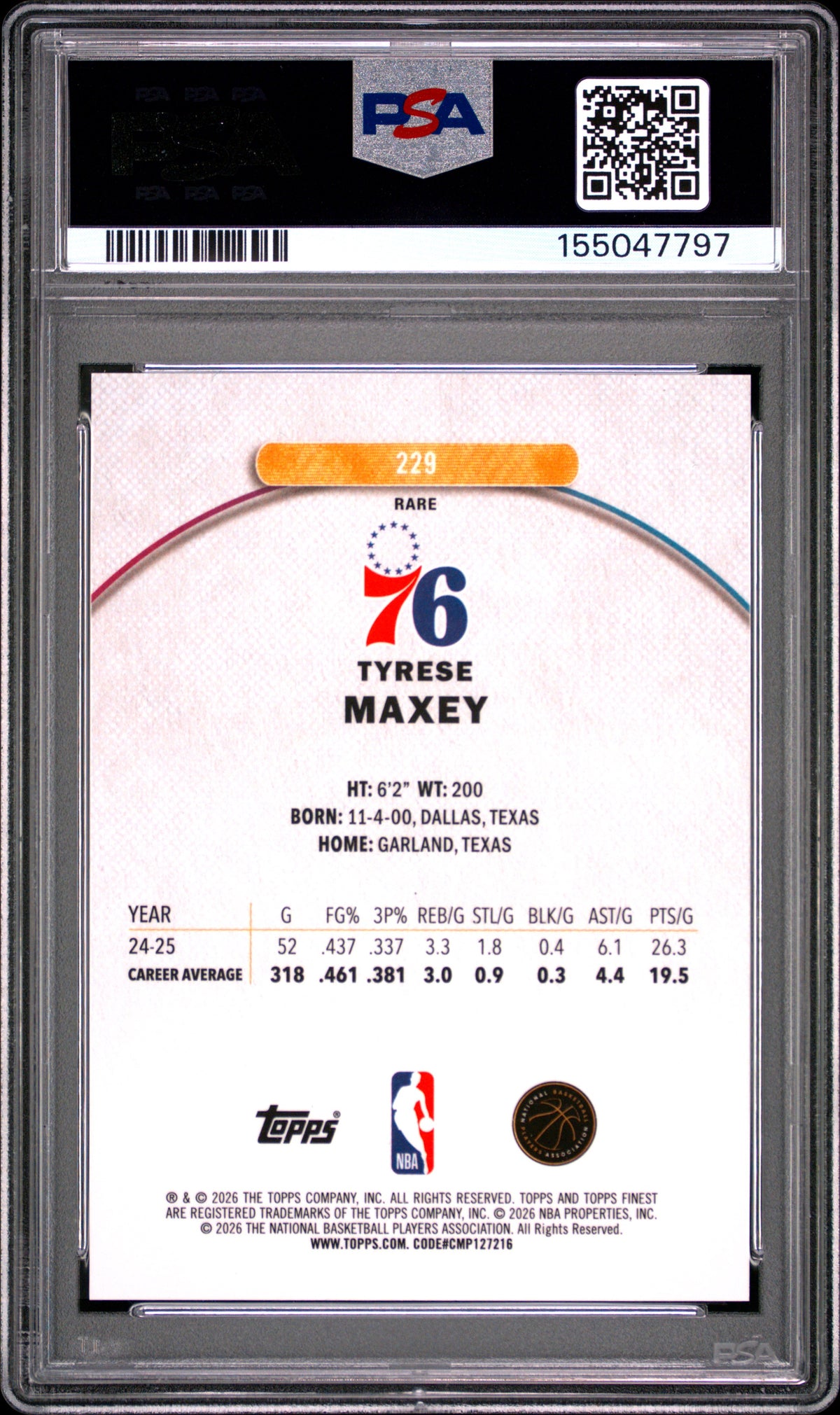 2025 Topps Finest Tyrese Maxey Gold Geometric 01/10 #229 PSA 10