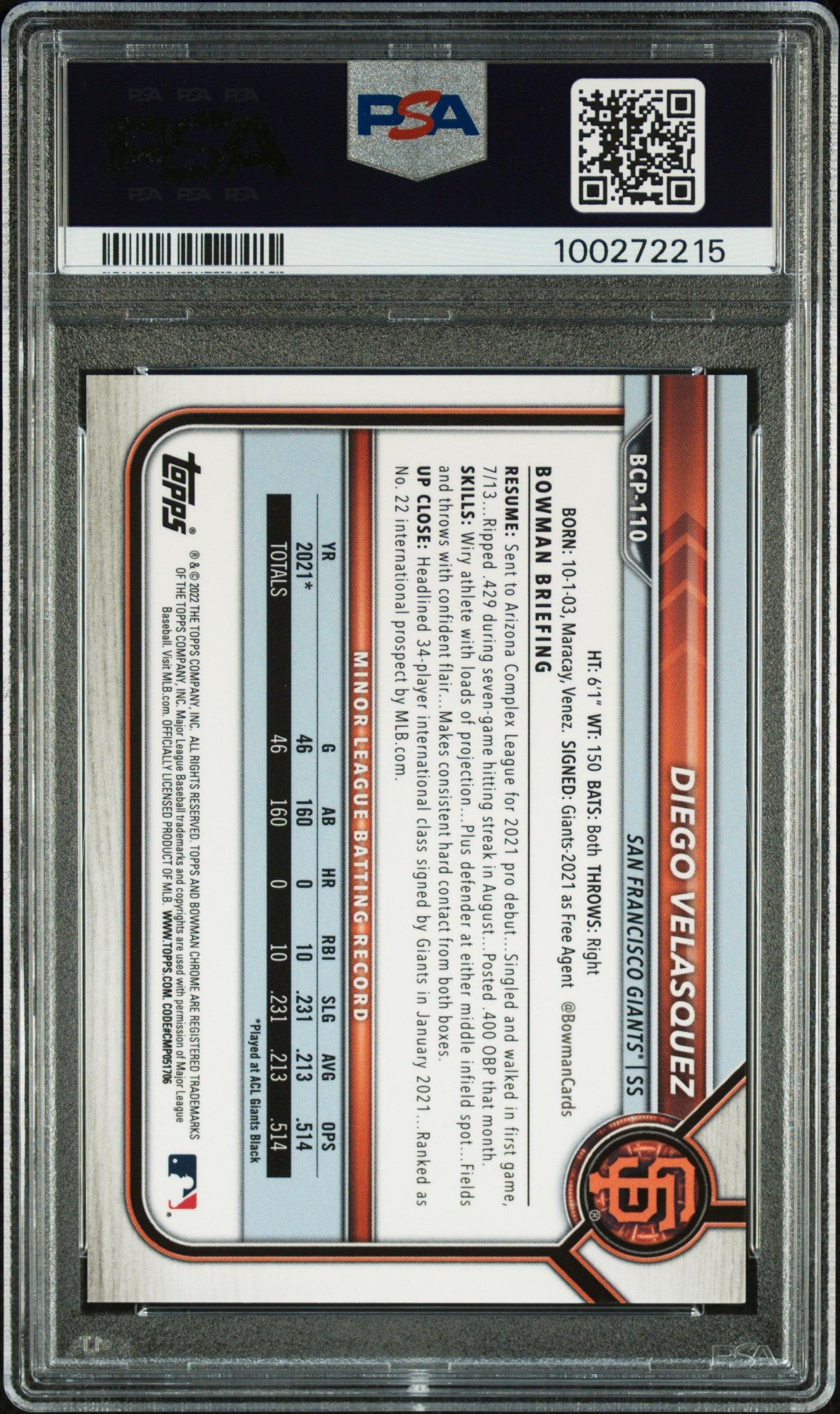 2022 Bowman Chrome Prospects Diego Velasquez Fuchsia Refractor /199 PSA 10