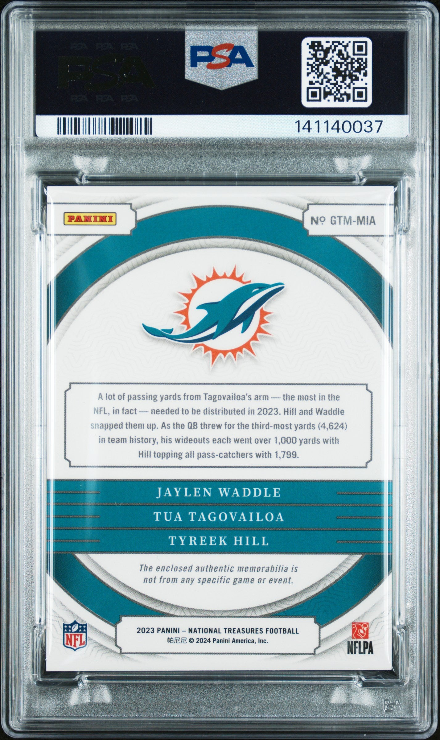 2023 National Treasures Gear Trio Materials Tagovailoa Hill Waddle 66/98 PSA 9
