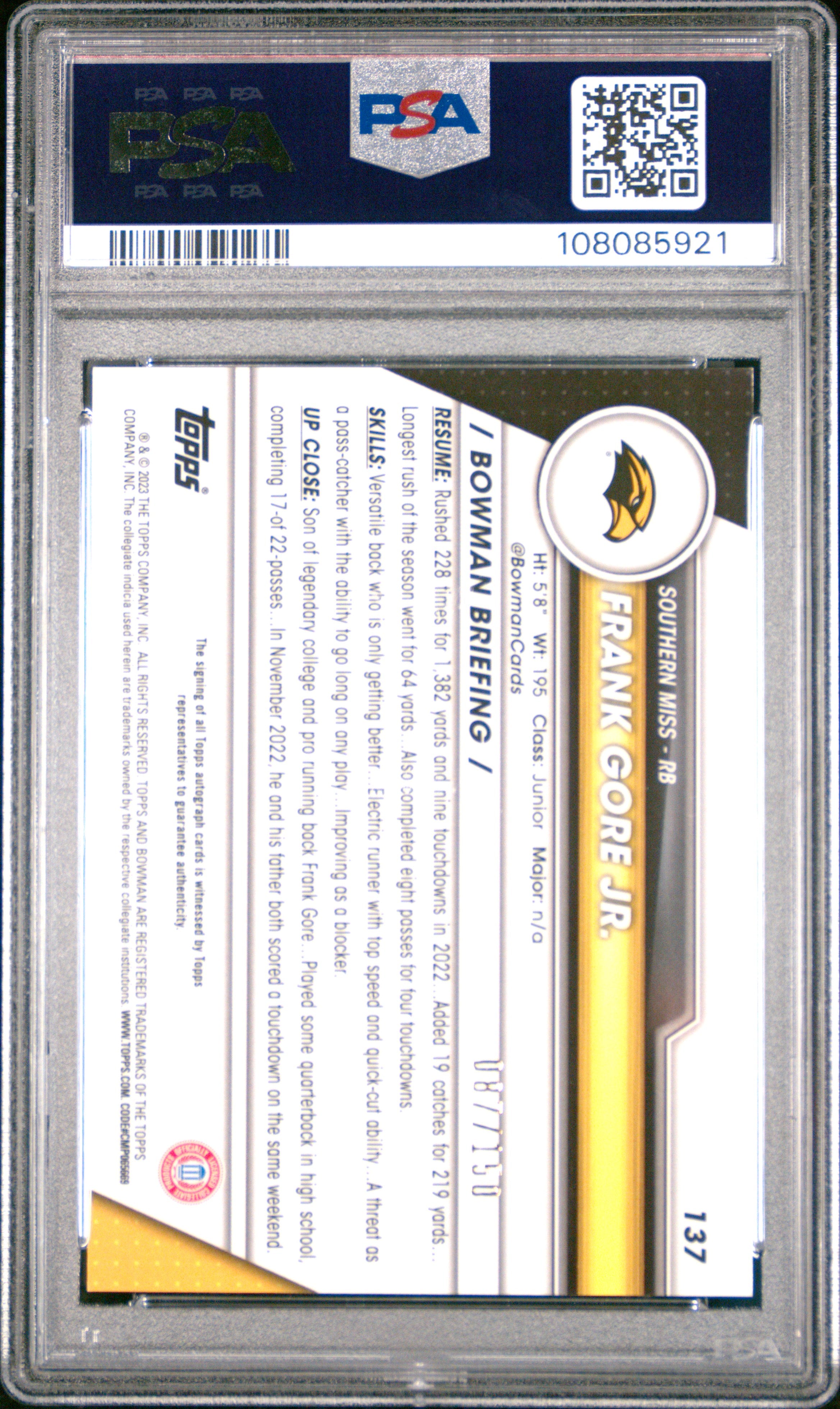 2023 Bowman University Chrome Frank Gore Jr Auto Fuchsia Mini Diamond PSA 10