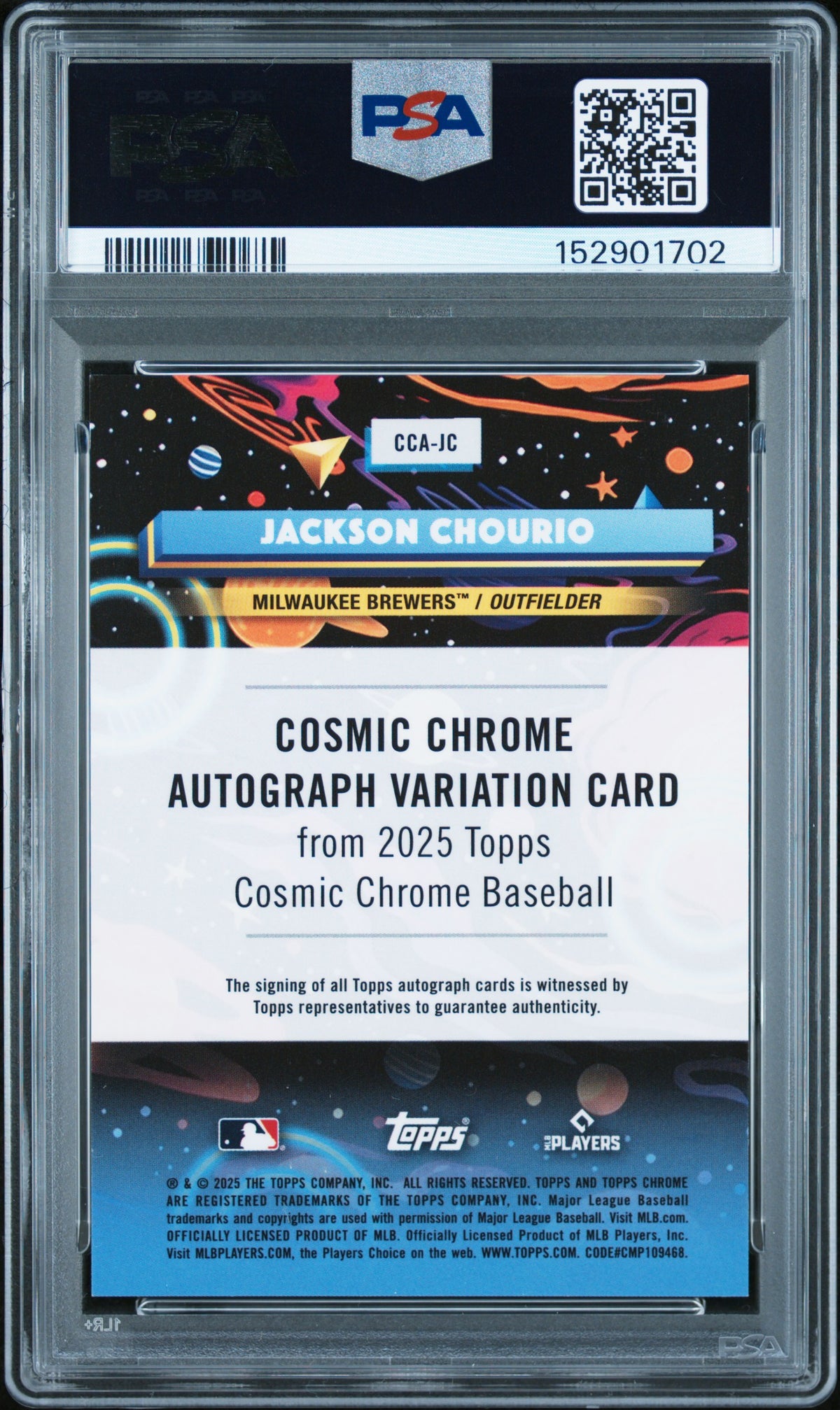 2025 Topps Cosmic Chrome Auto Jackson Chourio Green Space Dust 54/75 PSA 9 MINT