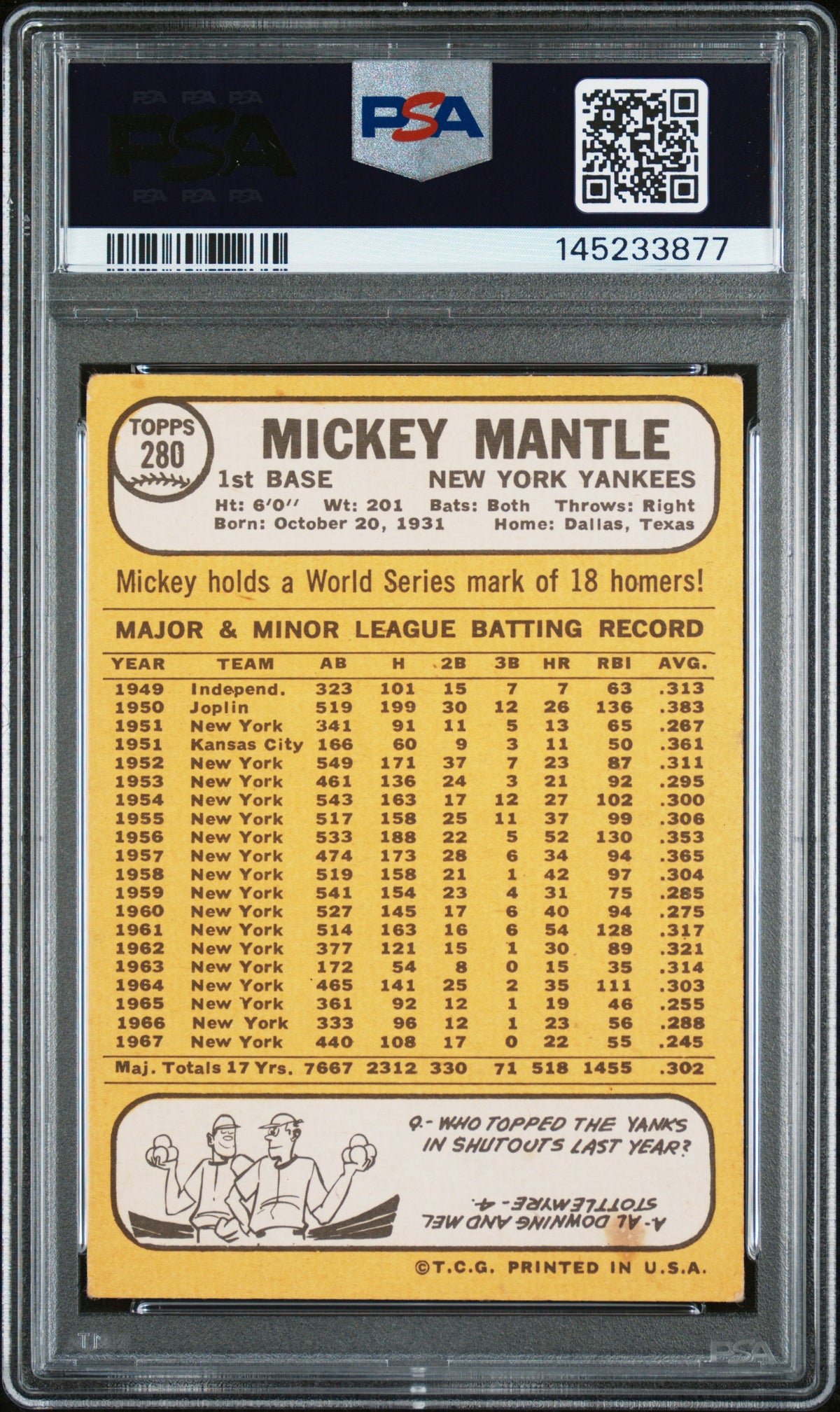 1968 Topps Mickey Mantle #280 PSA 3 New York Yankees