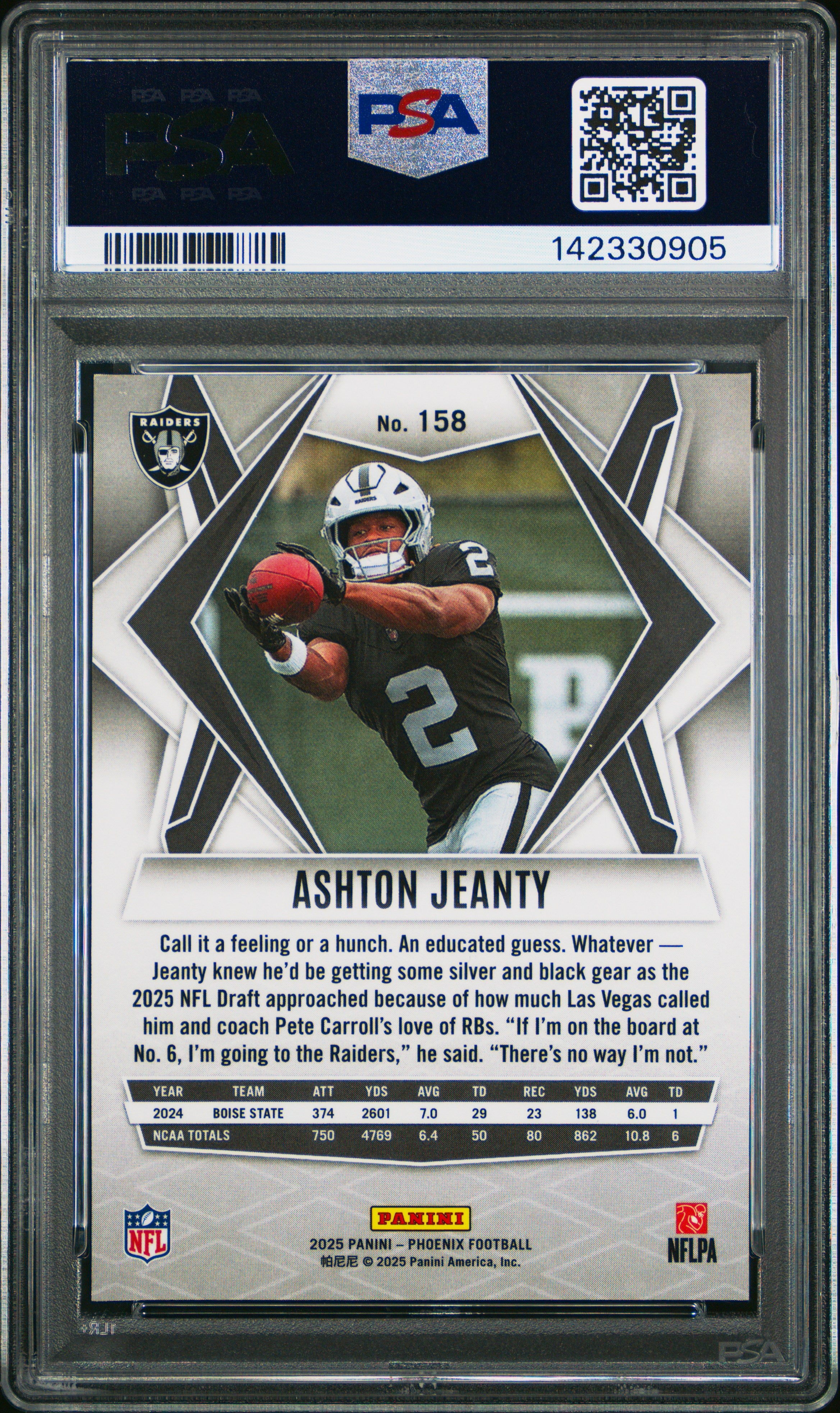 2025 Panini Phoenix Ashton Jeanty Silver Seismic Rookie PSA 10 GEM MINT Raiders