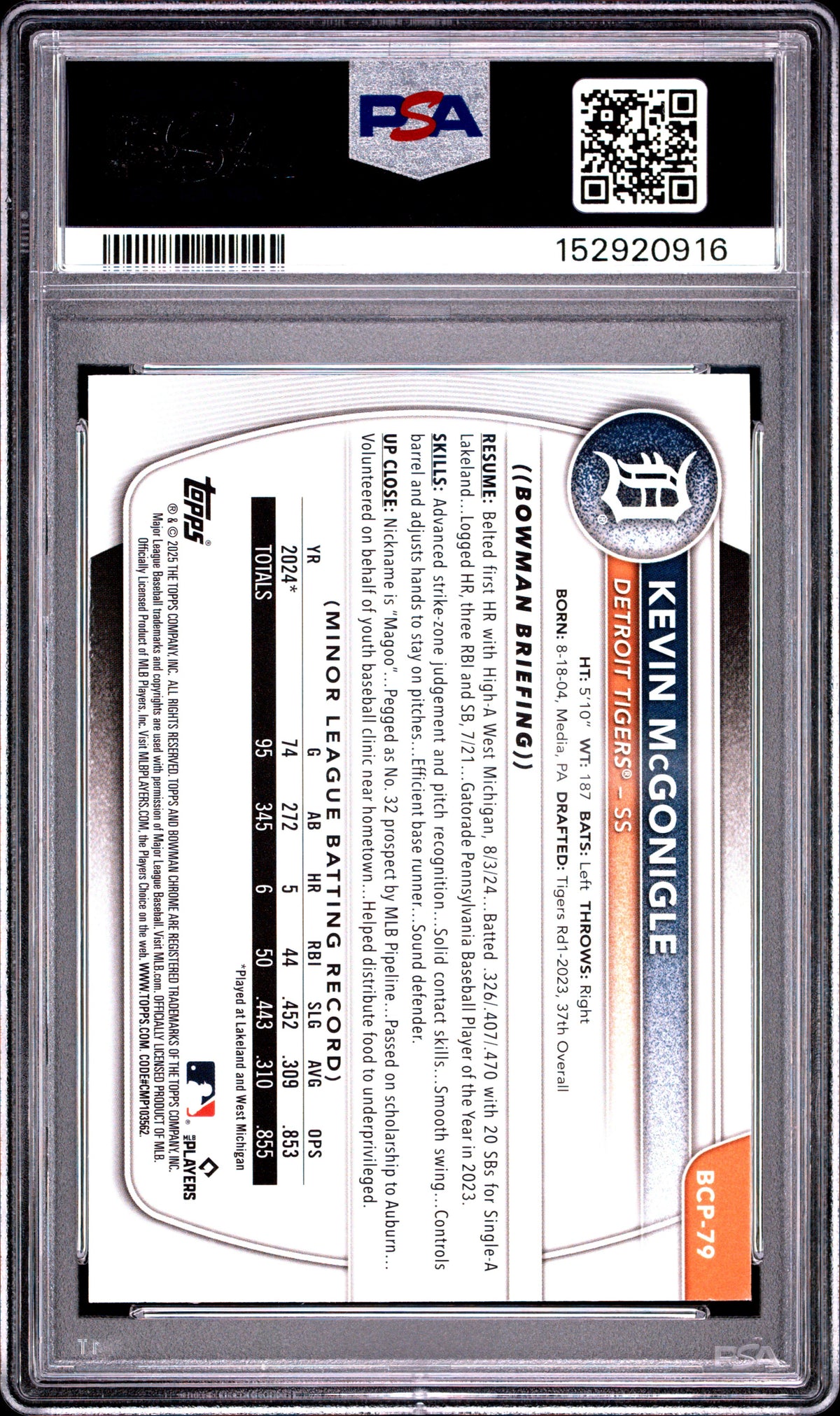 2025 Bowman Mega Box Chrome Prospects Kevin Mcgonigle Yellow Ref #79 PSA 10