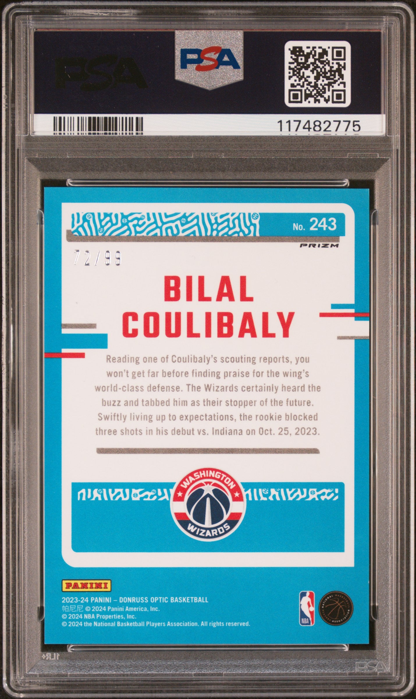 2023 Donruss Optic Bilal Coulibaly Red 22/99 Rated Rookie #243 PSA 9 Washington