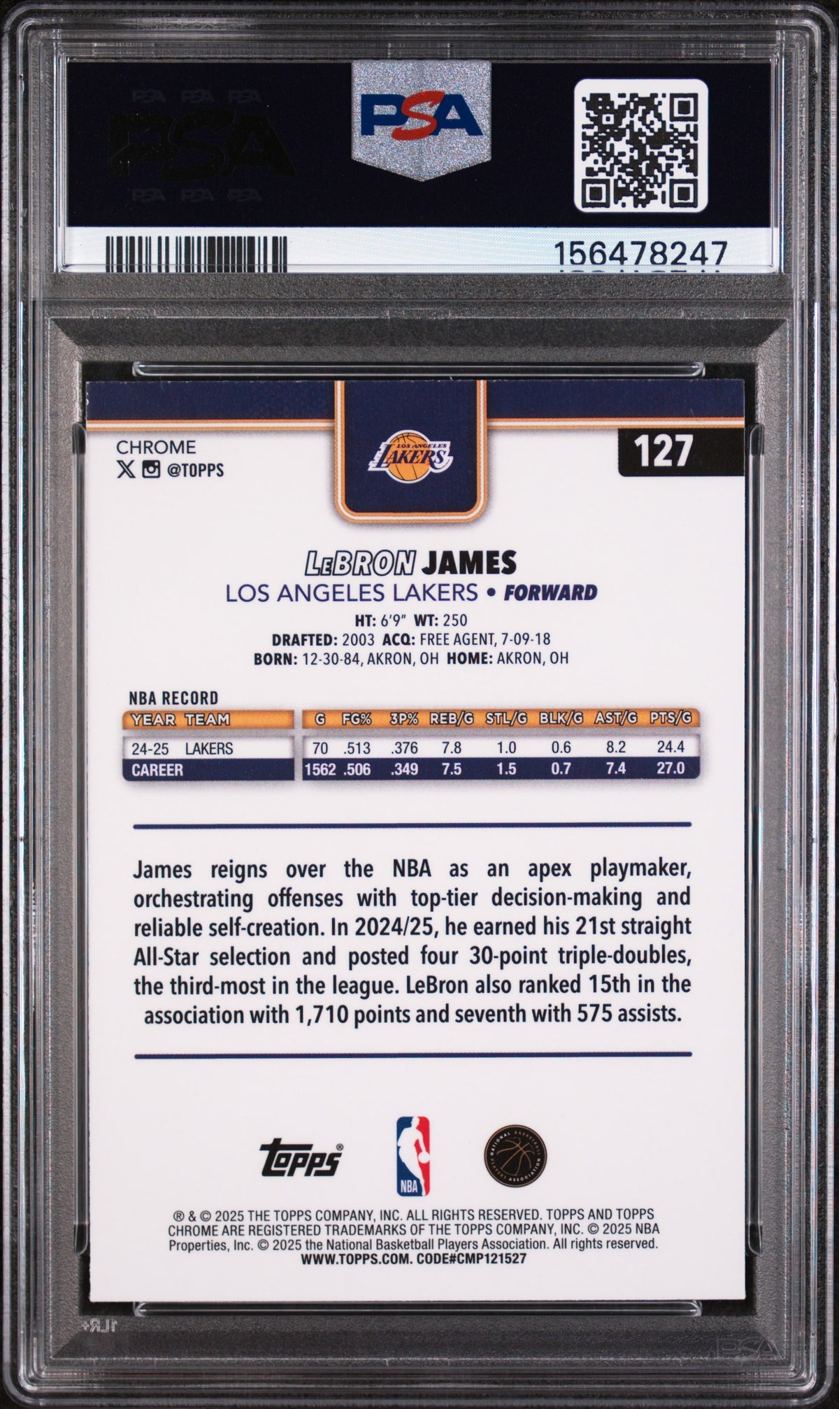 2025 Topps Chrome LeBron James Yellow Raywave 068/275 #127 PSA 9