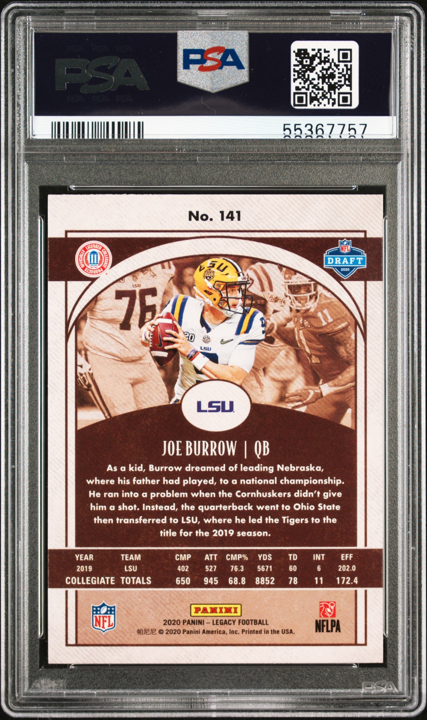 2020 Panini Legacy Joe Burrow Rookie #141 PSA 10 GEM MINT Cincinnati Bengals