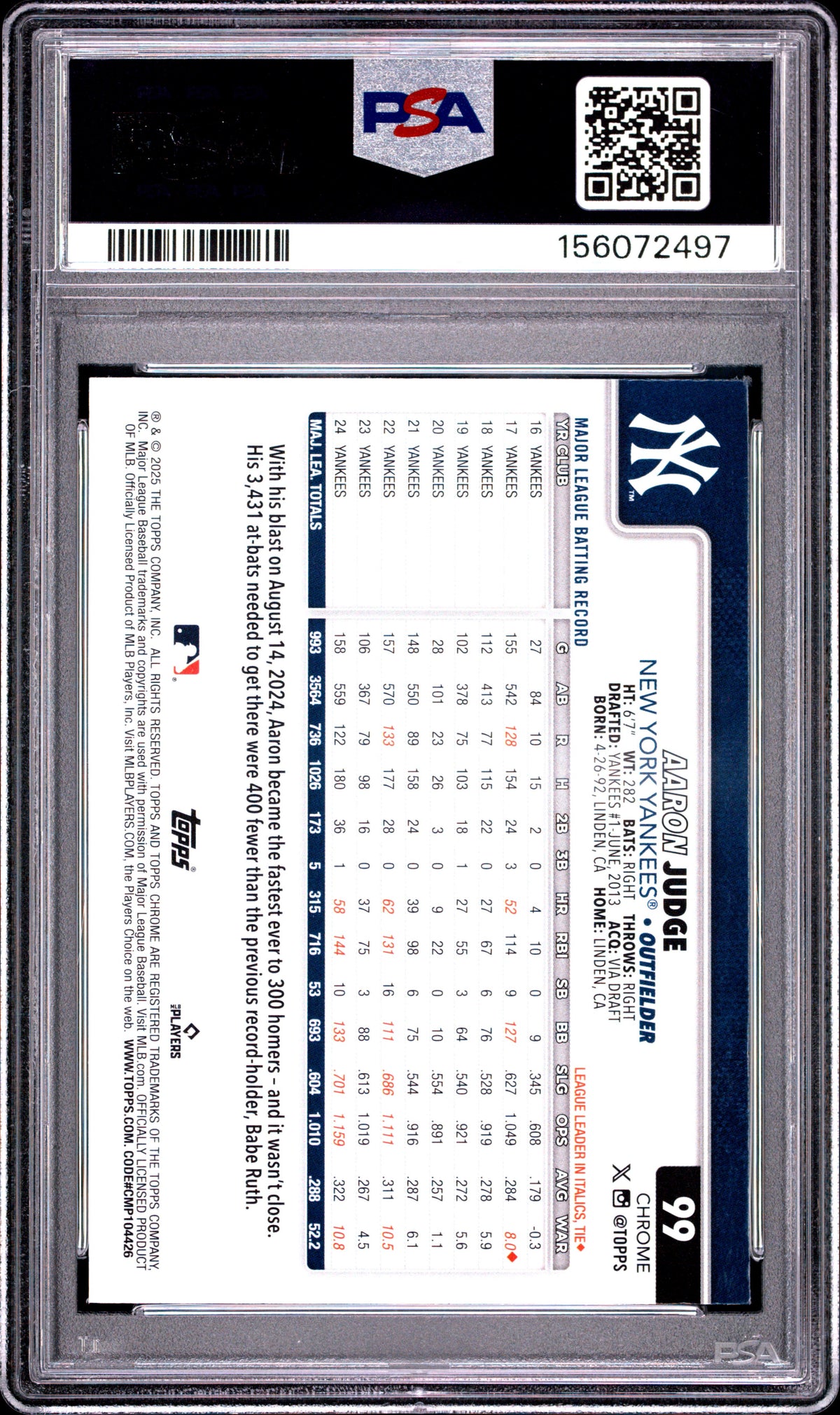 2025 Topps Chrome Aaron Judge #99 PSA 10 GEM MINT New York Yankees
