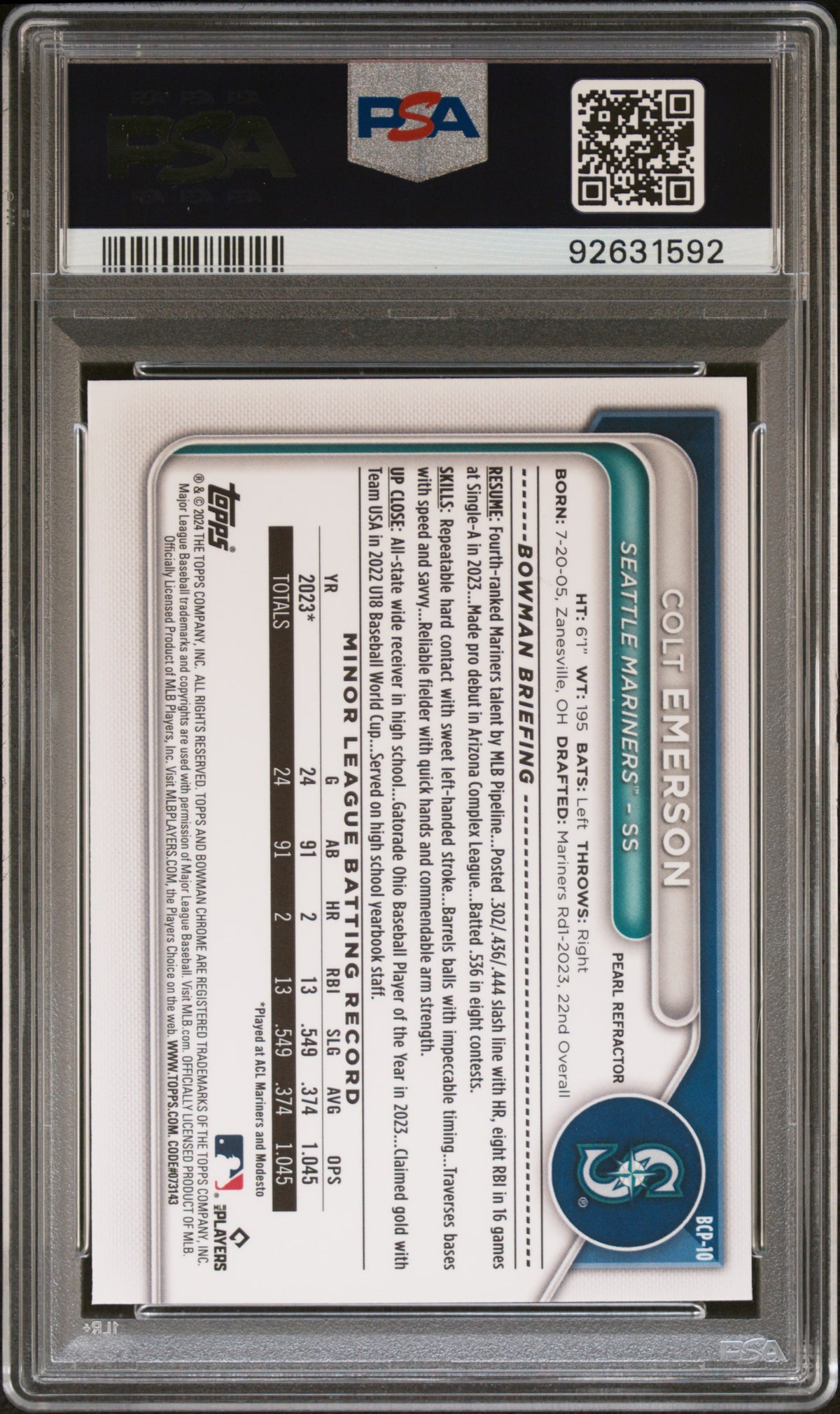 2024 Bowman Chrome Prospects Colt Emerson Pearl Ref #BCP10 PSA 9