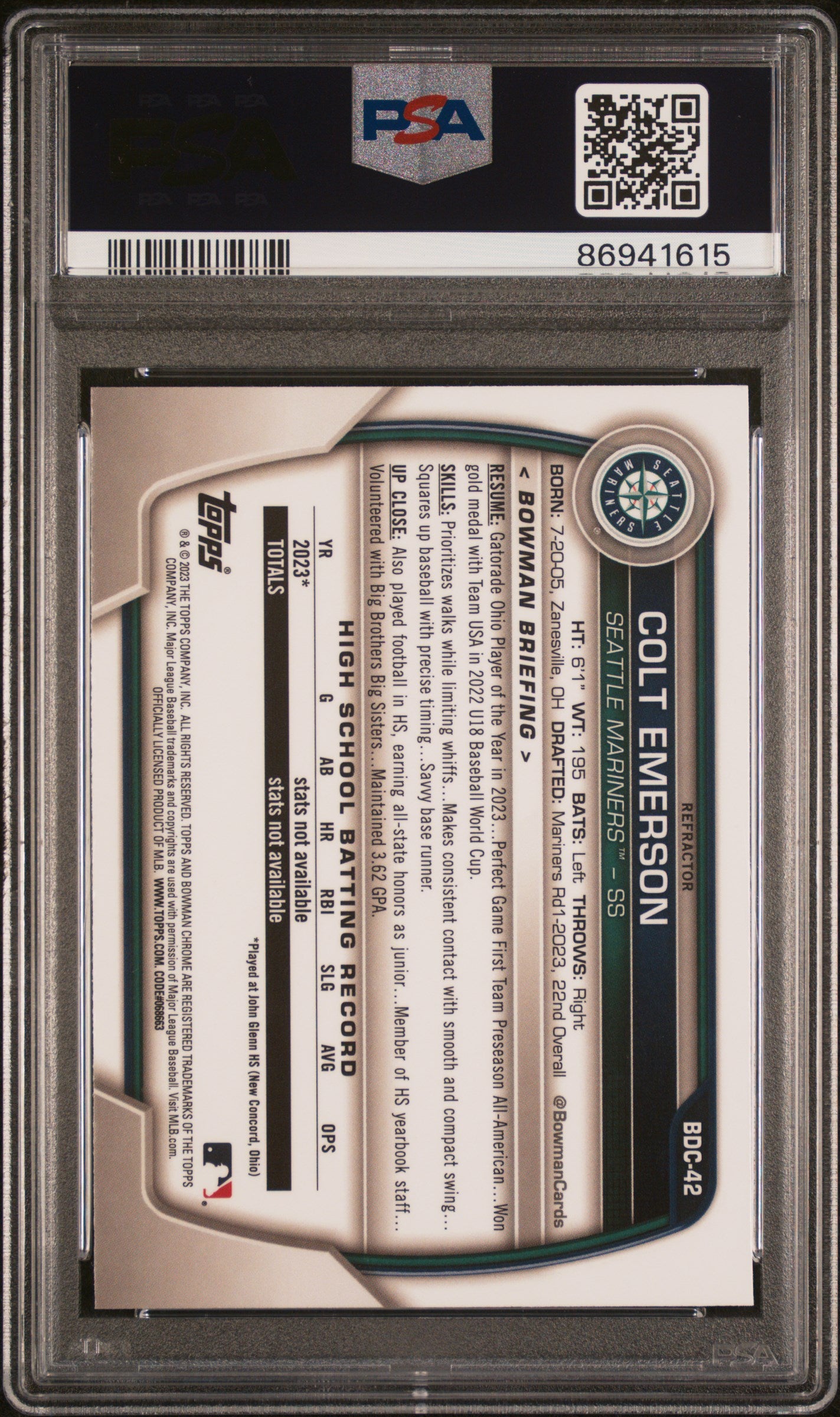 2023 Bowman Draft Colt Emerson Chrome Refractor #BDC42 PSA 10 Seattle Mariners