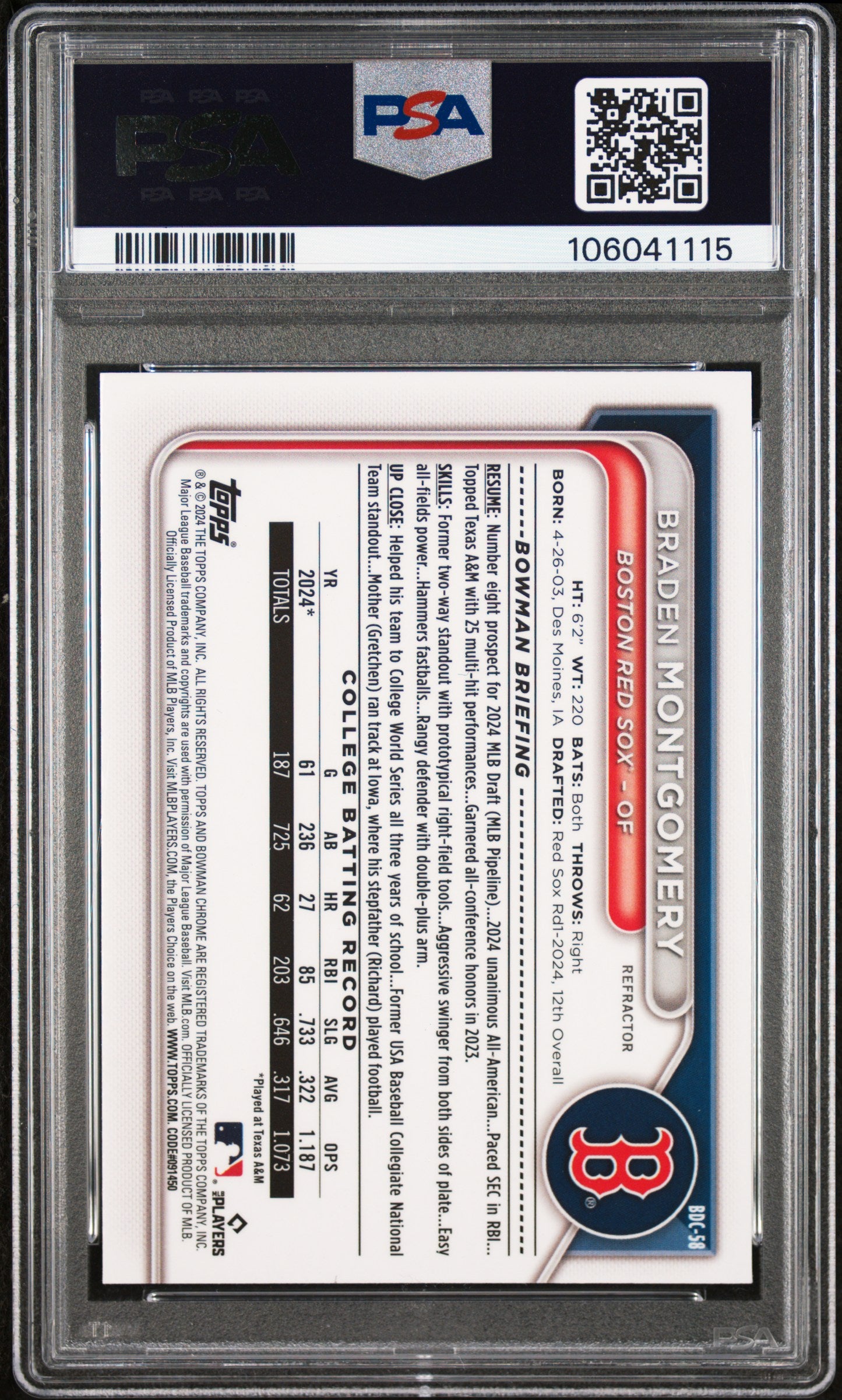 2024 Bowman Draft Braden Montgomery Chrome Refractor #BDC58 PSA 8 Boston Red Sox