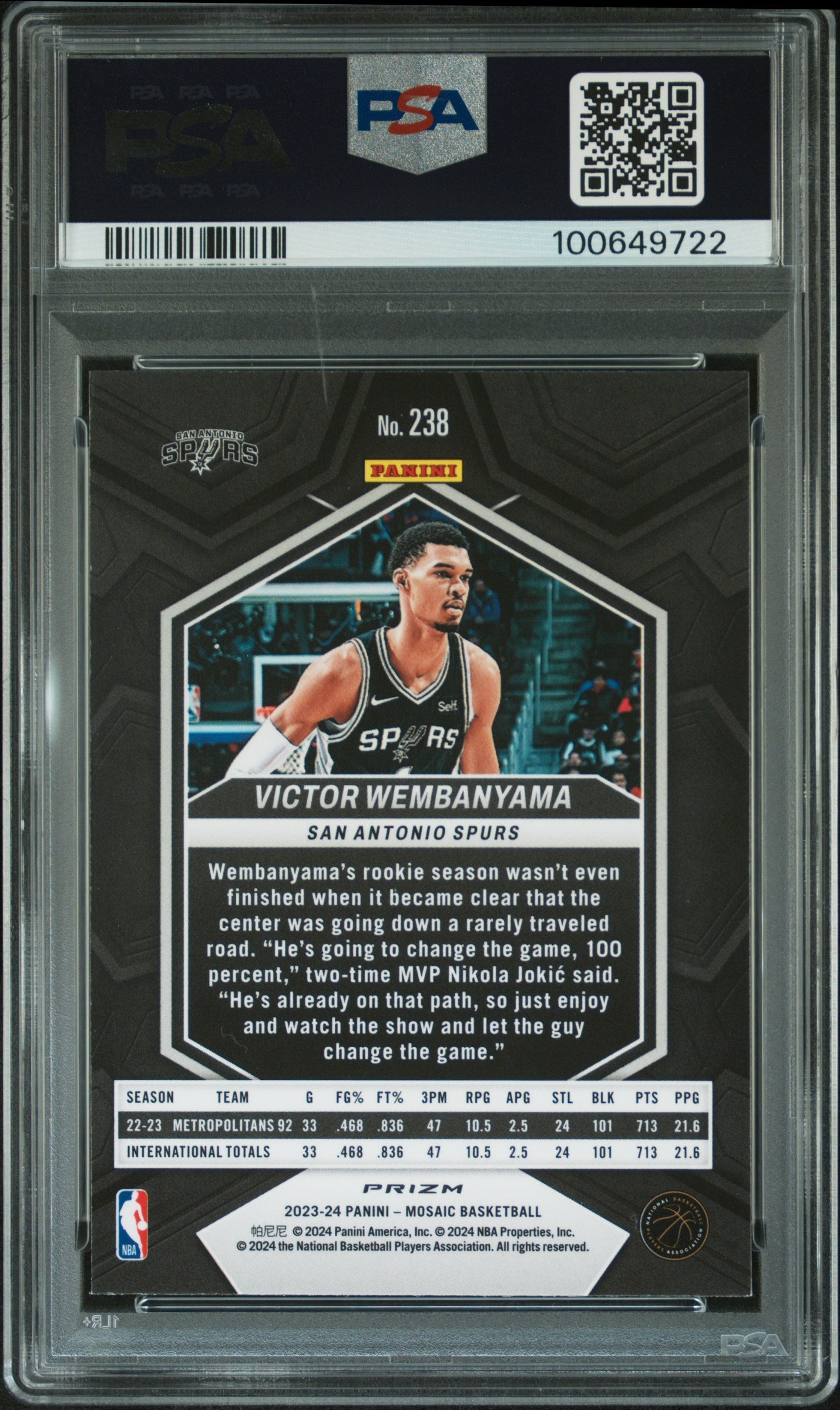 2023 Panini Mosaic Victor Wembanyama Green Rookie #238 PSA 9 San Antonio Spurs