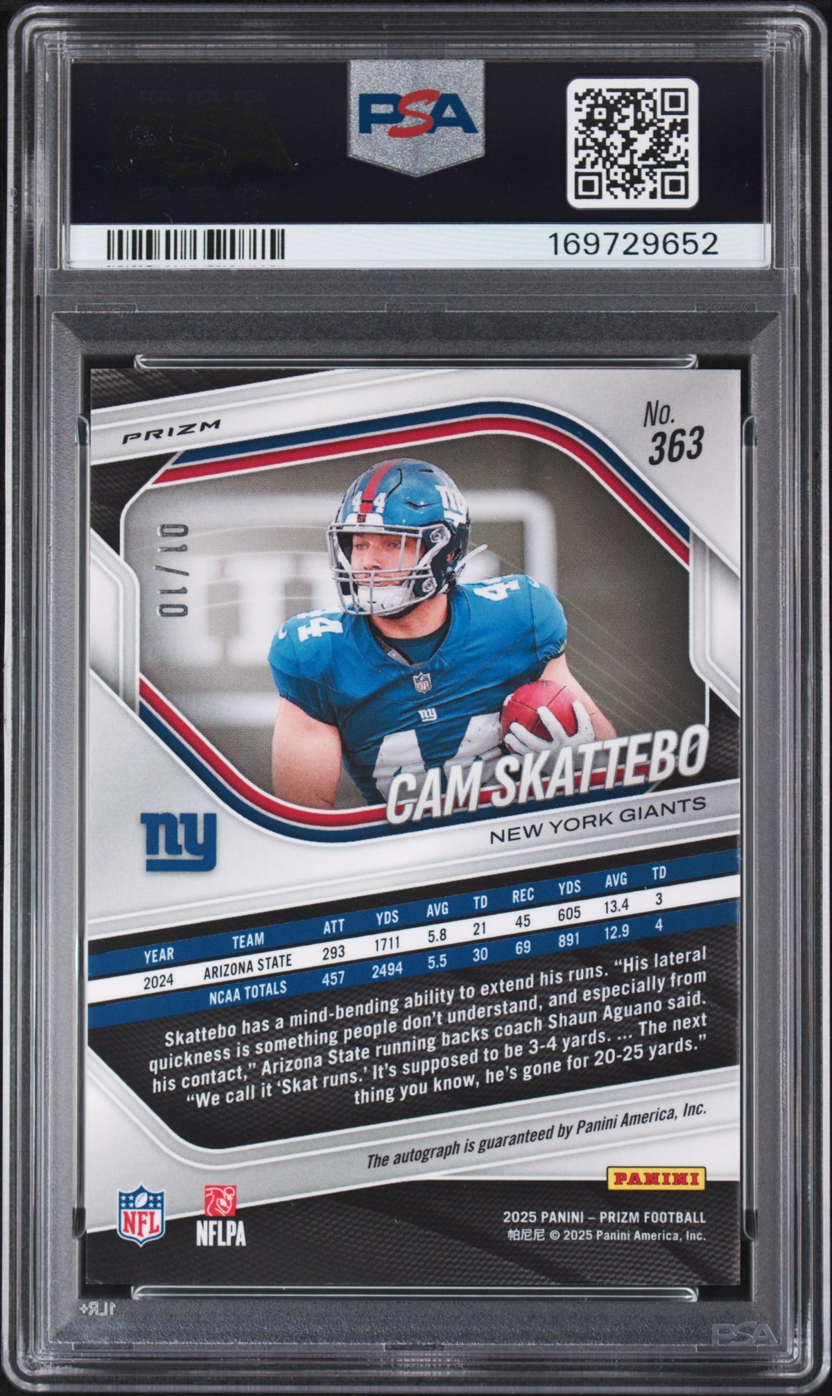 2025 Panini Prizm Cam Skattebo Autograph Gold 01/10 Rookie #363 PSA 9 MINT