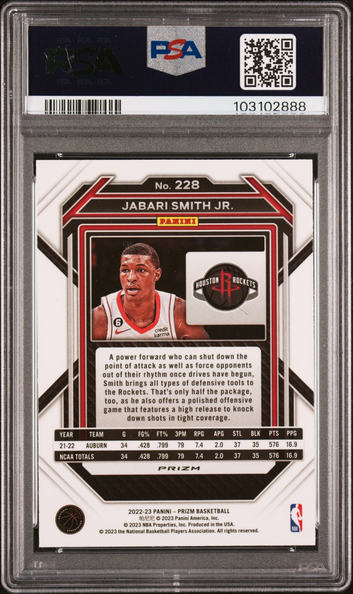 2022 Panini Prizm Jabari Smith JR. Silver Rookie #228 PSA 9 Houston Rockets