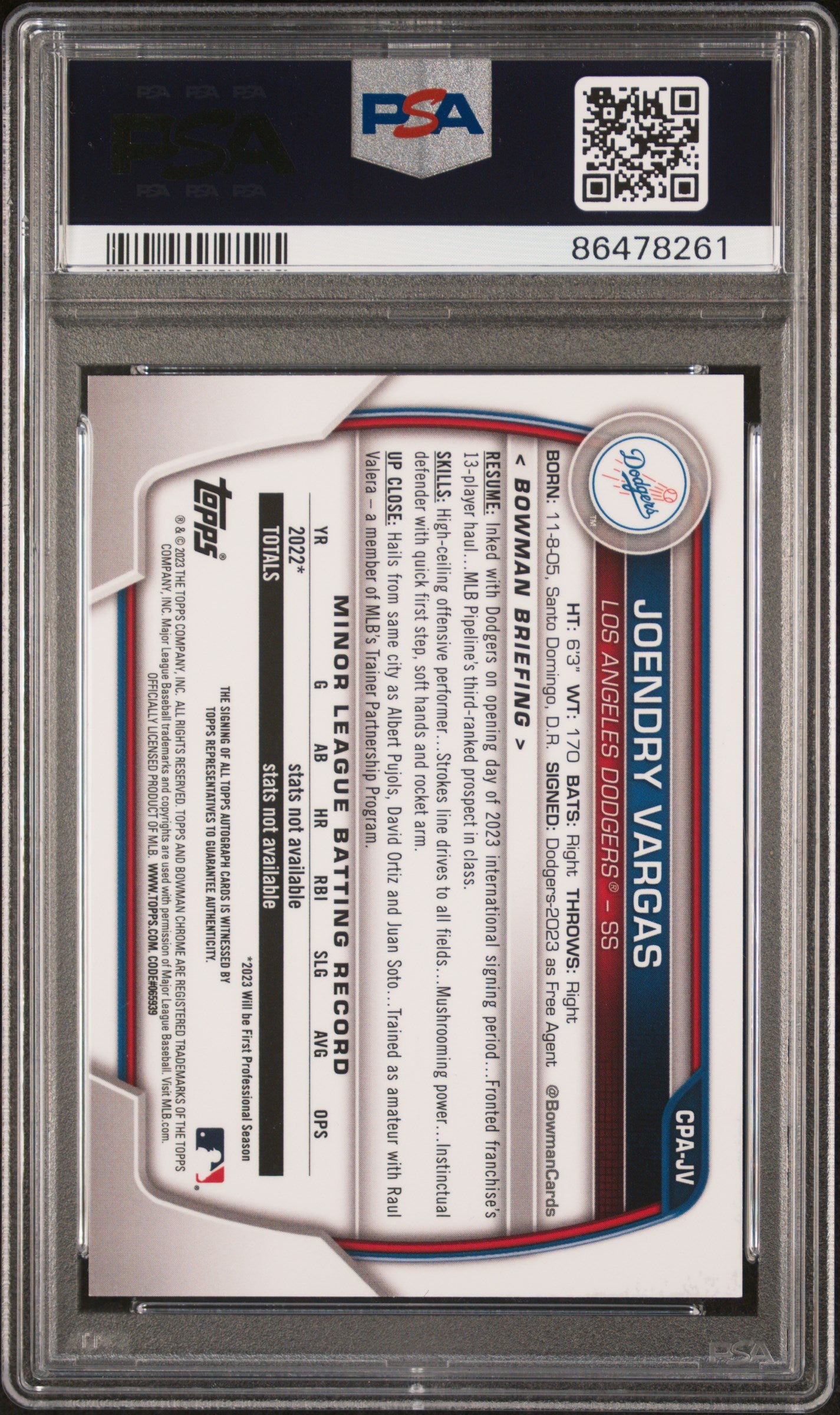 2023 Bowman Chrome Prospect Autographs Joendry Vargas #CPAJV PSA 10