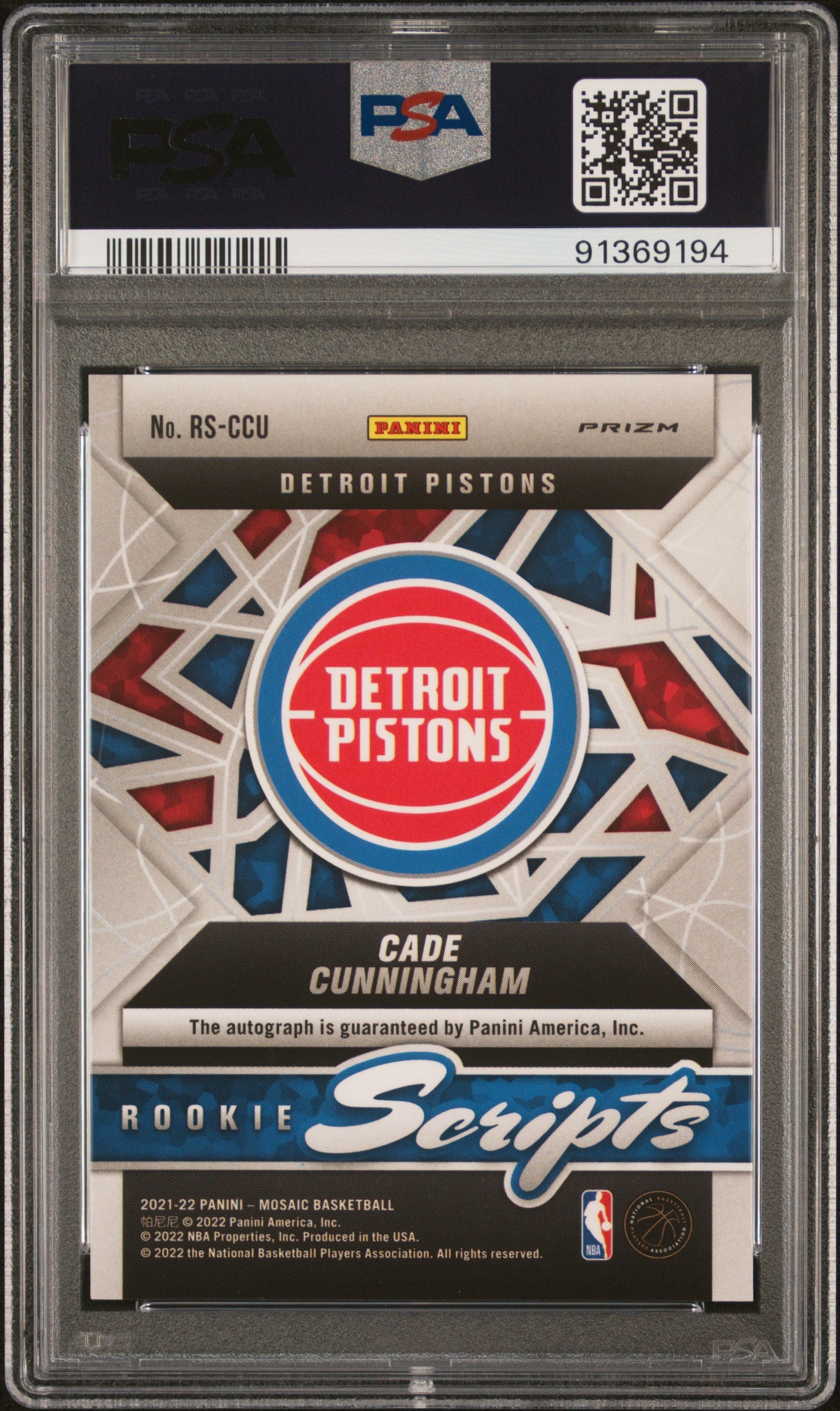2021 Panini Mosaic Rookie Scripts Cade Cunningham Rookie #RSCCU PSA 10 GEM MINT