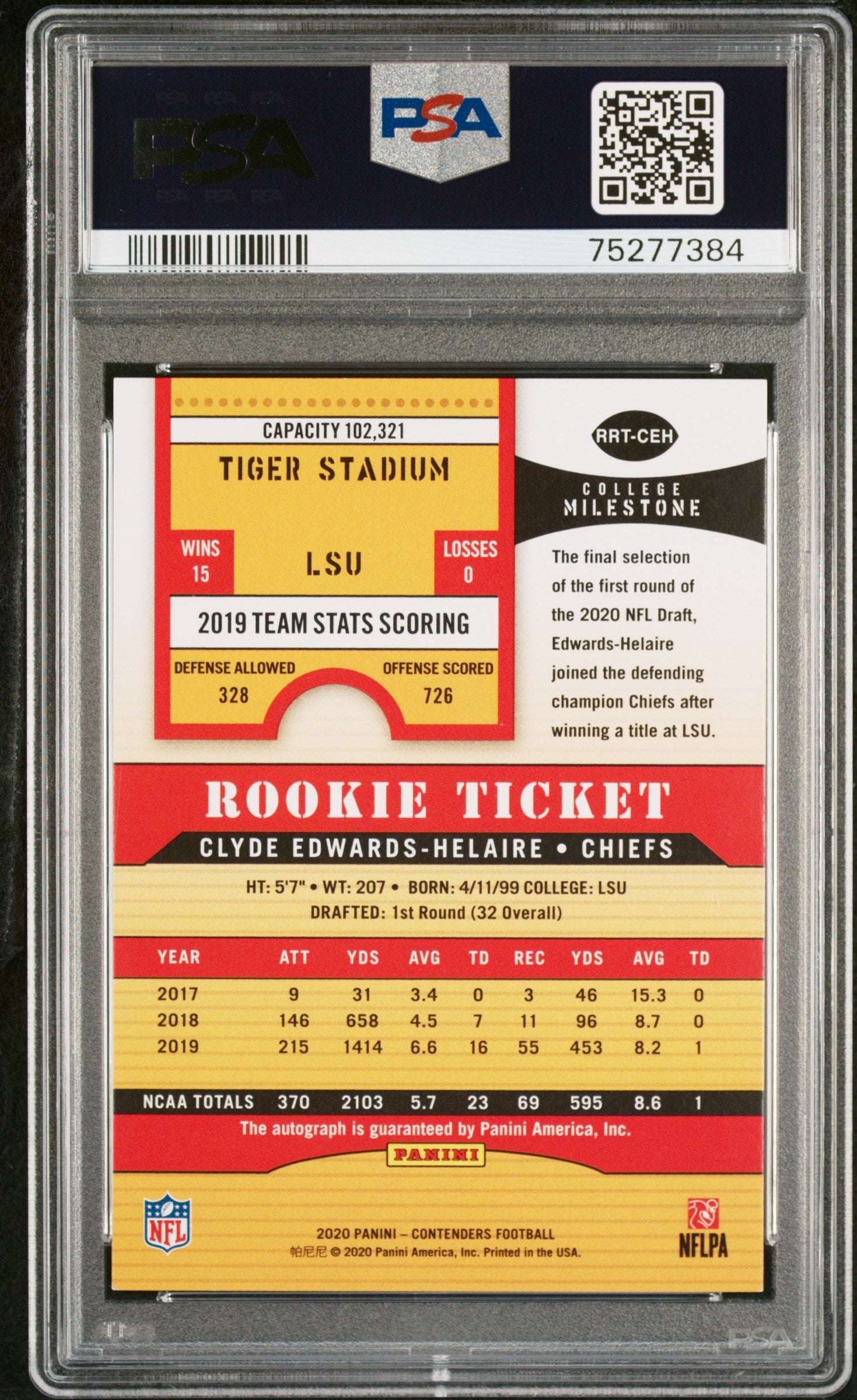 2020 Contenders Rookie Ticket Gold Autograph Clyde Edwards Helaire PSA 9 # 08/10