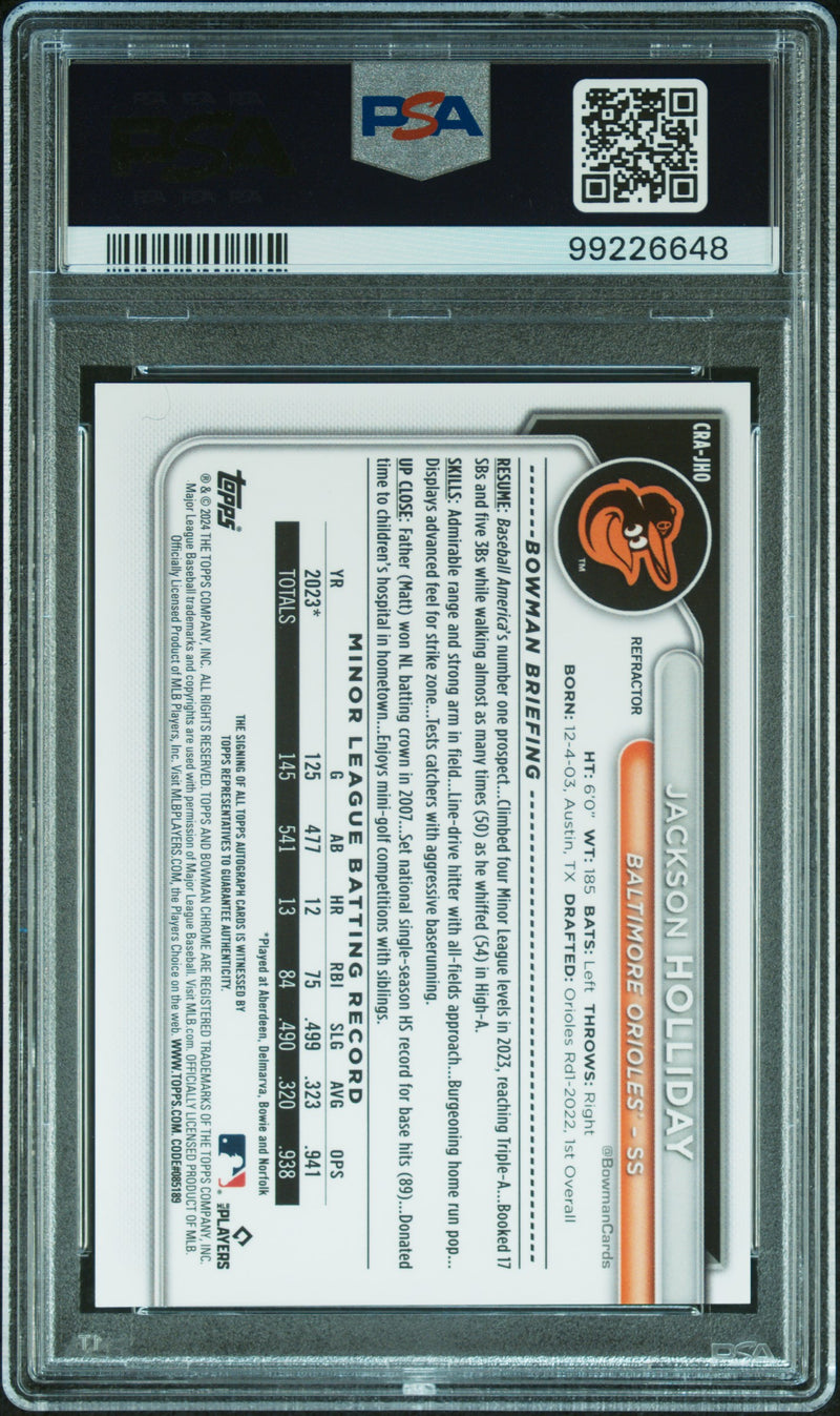 2024 Bowman Chrome Rookie Autographs Jackson Holliday Refractor PSA 10 GEM MINT