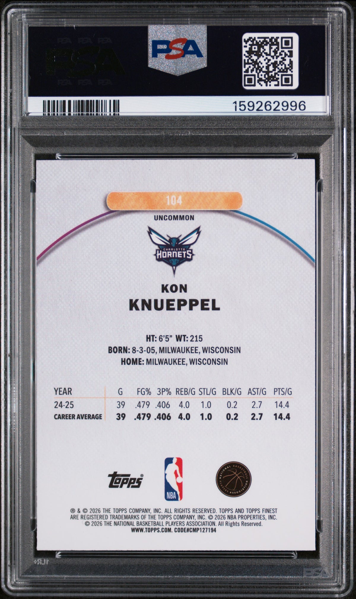 2025 Topps Finest Kon Knueppel Purple Refractor 168/200 #104 PSA 10