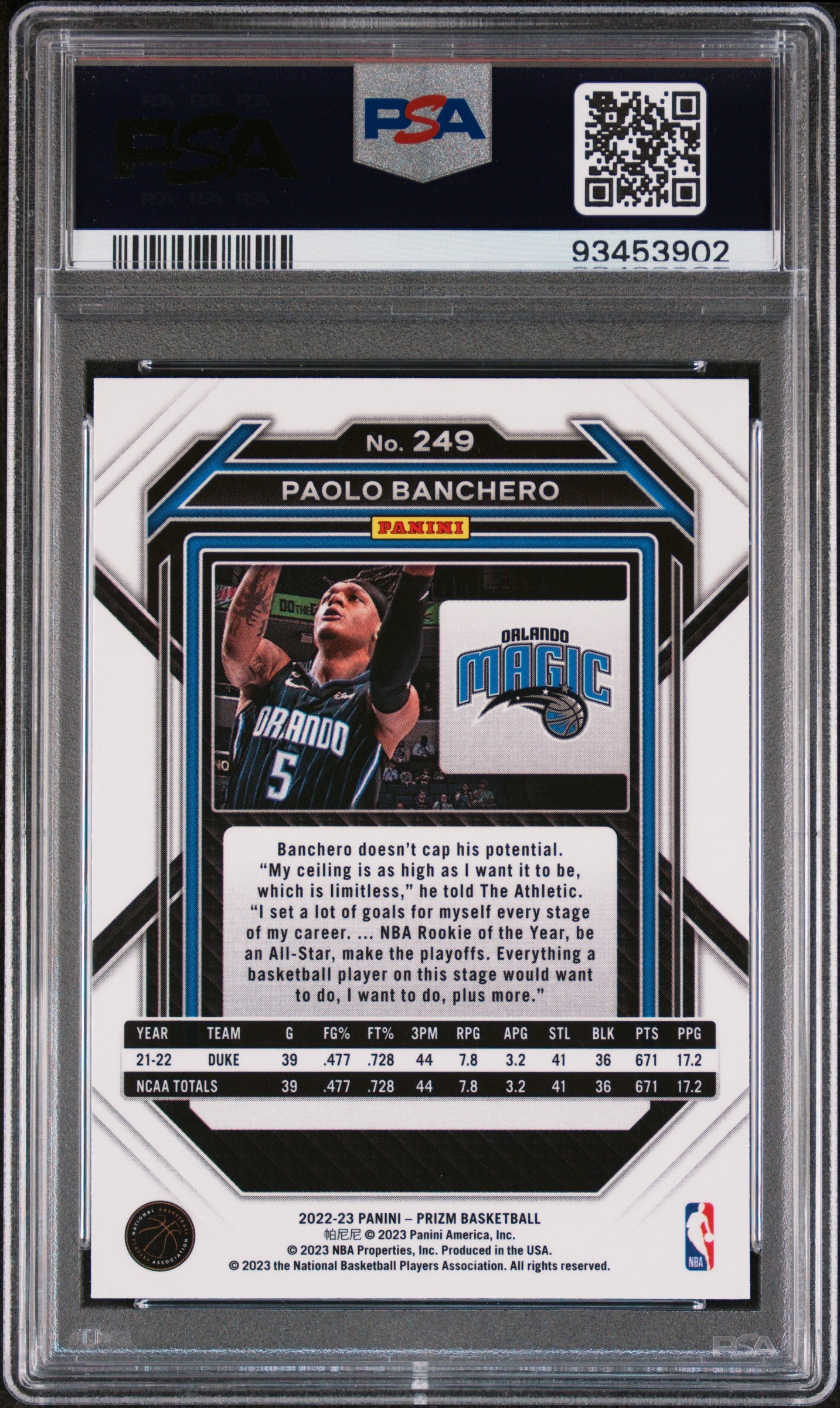 2022 Panini Prizm Paolo Banchero #249 PSA 10