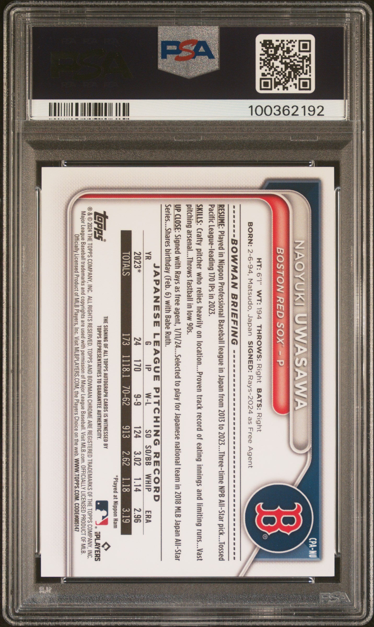 2024 Bowman Chrome Prospect Autographs Naoyuki Uwasawa Green Lava #CPANU PSA 9
