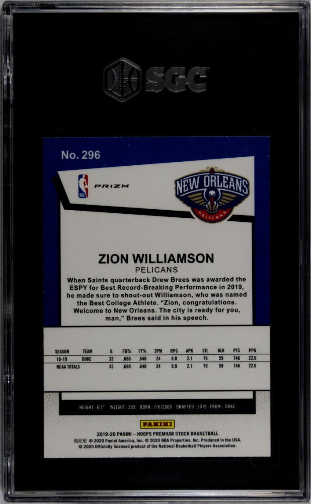 2019 Hoops Premium Stock Zion Williamson Tribute Purple Disco Prizm #296 SGC 9.5
