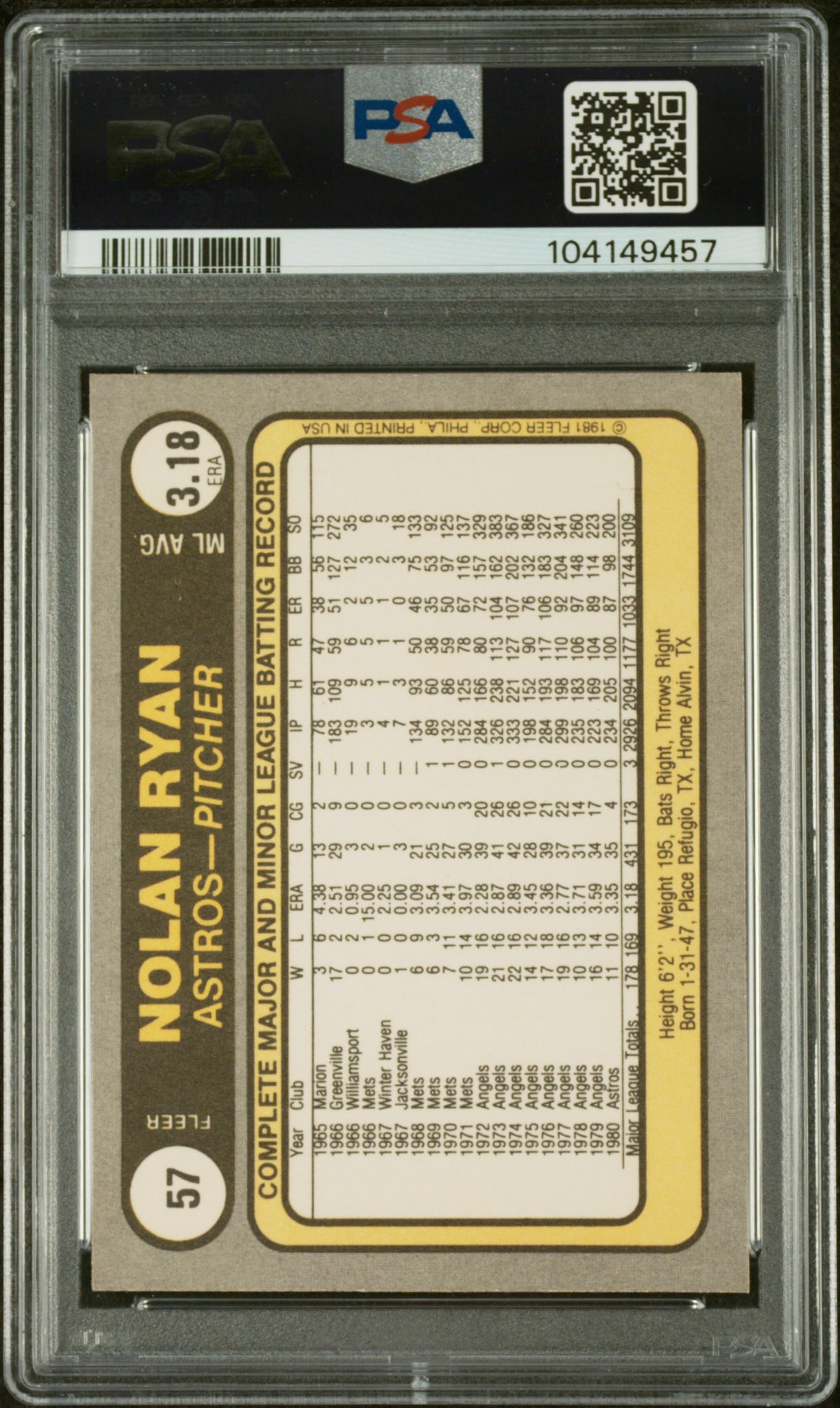 1981 Fleer Nolan Ryan #57 PSA 9 Houston Astros