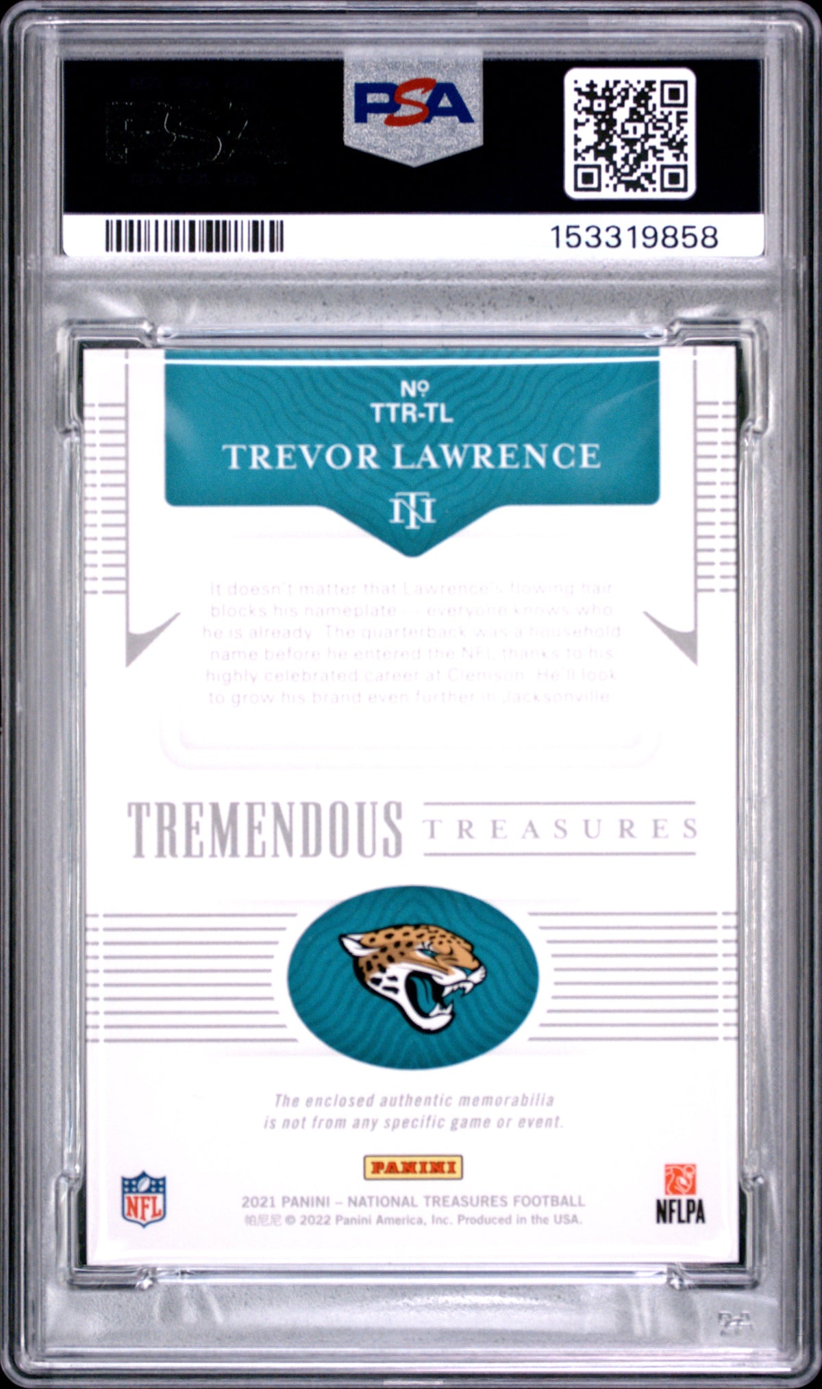 2021 National Treasures Tremendous Treasures Rookie Relics Trevor Lawrence PSA 8