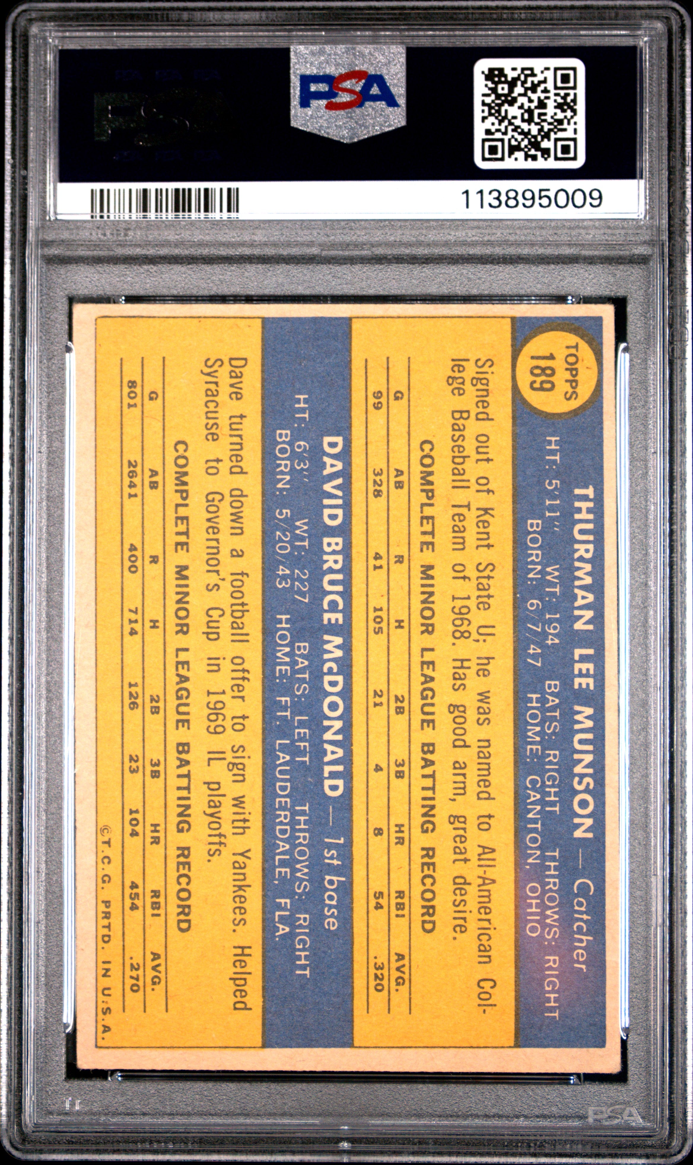 1970 Topps Yankees Rookies Thurman Munson Dave Mcdonald PSA 3 New York Yankees