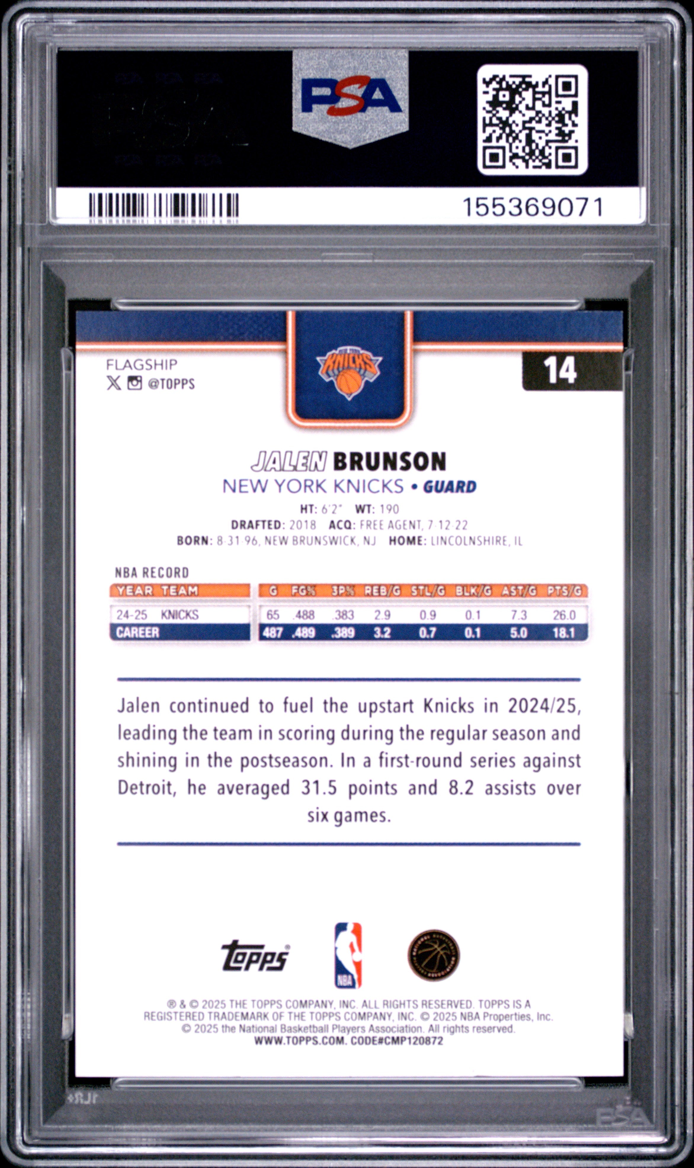 2025 Topps Jalen Brunson Orange Holo Foil 01/25 #14 PSA 10