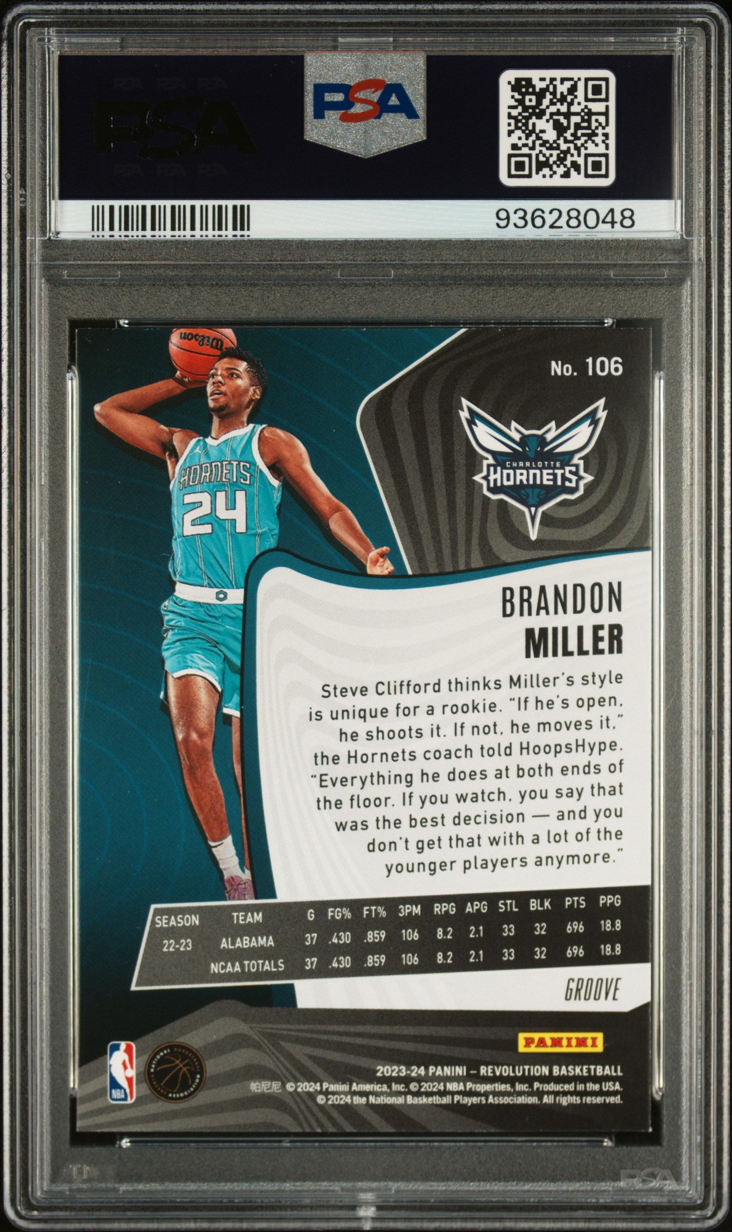 2023 Panini Revolution Brandon Miller Groove Rookie #106 PSA 9 Charlotte Hornets