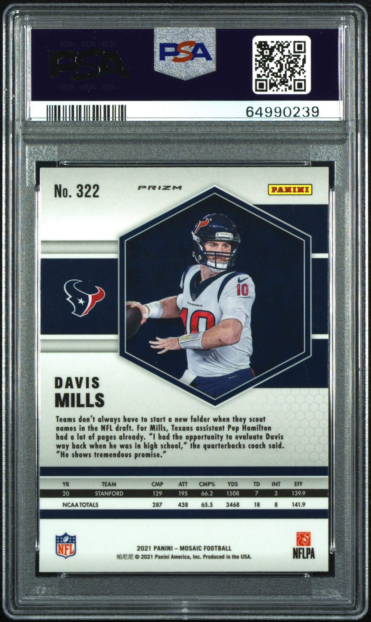 2021 Panini Mosaic Davis Mills Reactive Blue Rookie #322 PSA 10 Houston Texans
