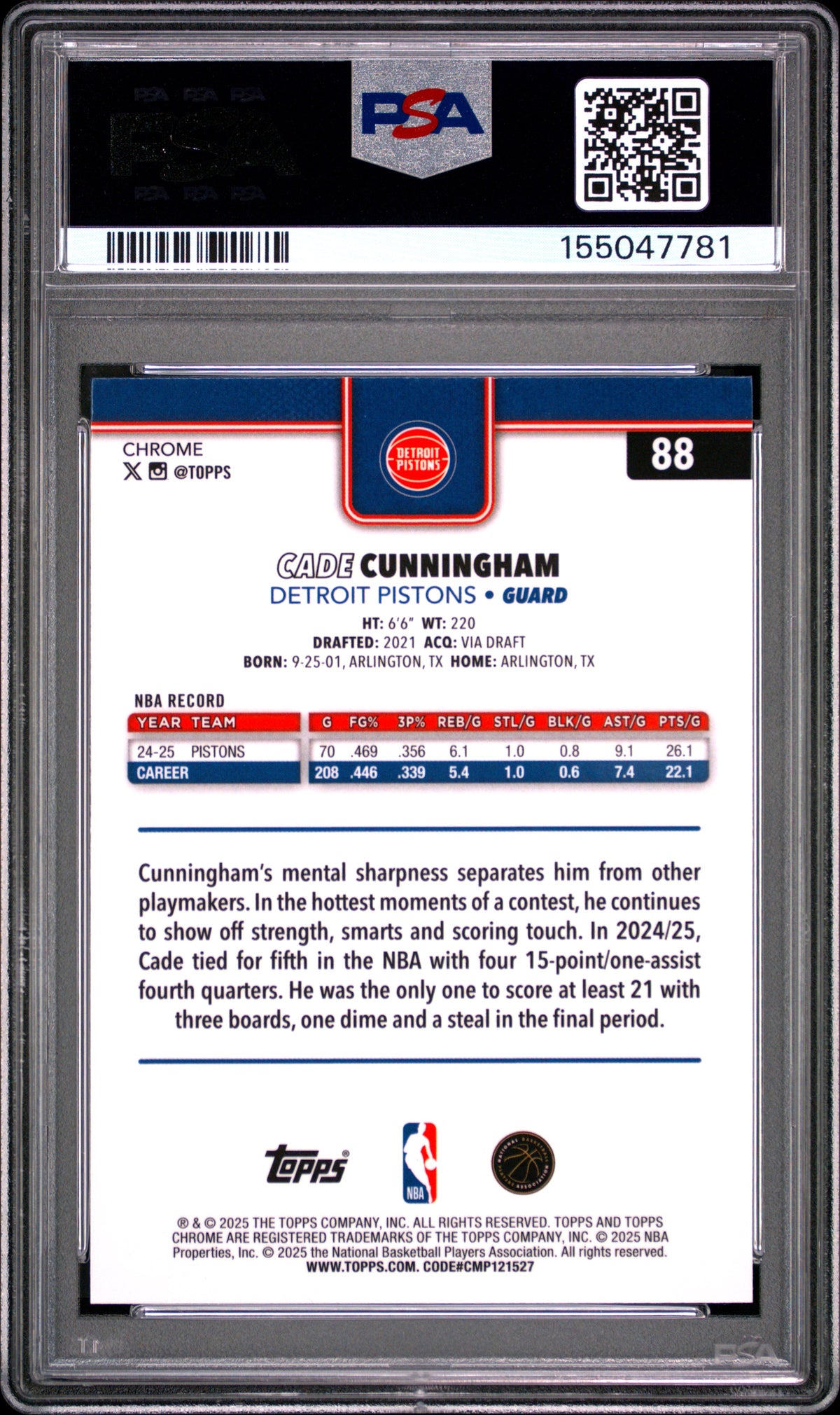 2025 Topps Chrome Cade Cunningham Purple Pulsar 56/75 #88 PSA 10