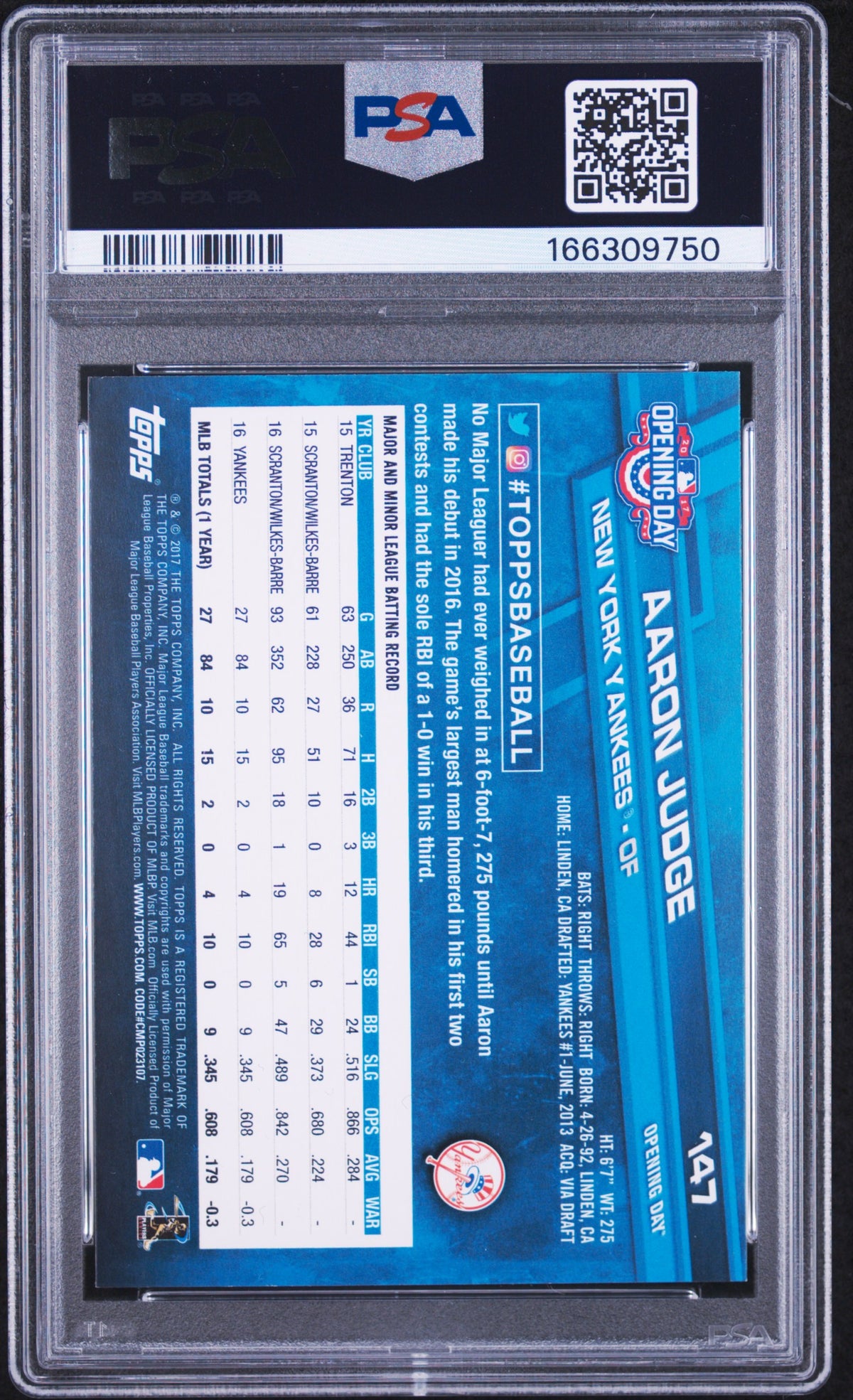 2017 Topps Opening Day Aaron Judge Rookie #147 PSA 9 New York Yankees