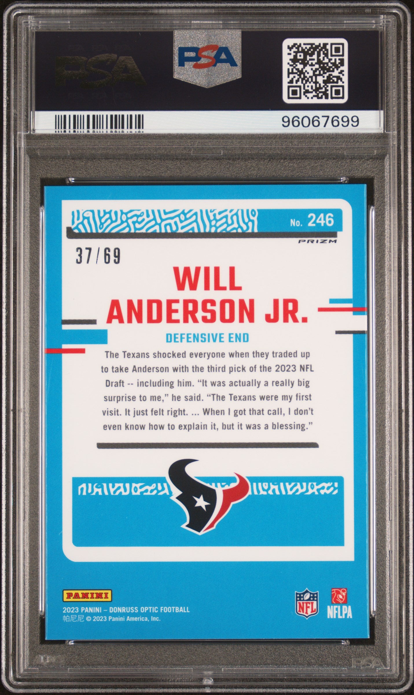 2023 Donruss Optic Will Anderson JR. Electricity Rookie 246 PSA 9 Houston Texans