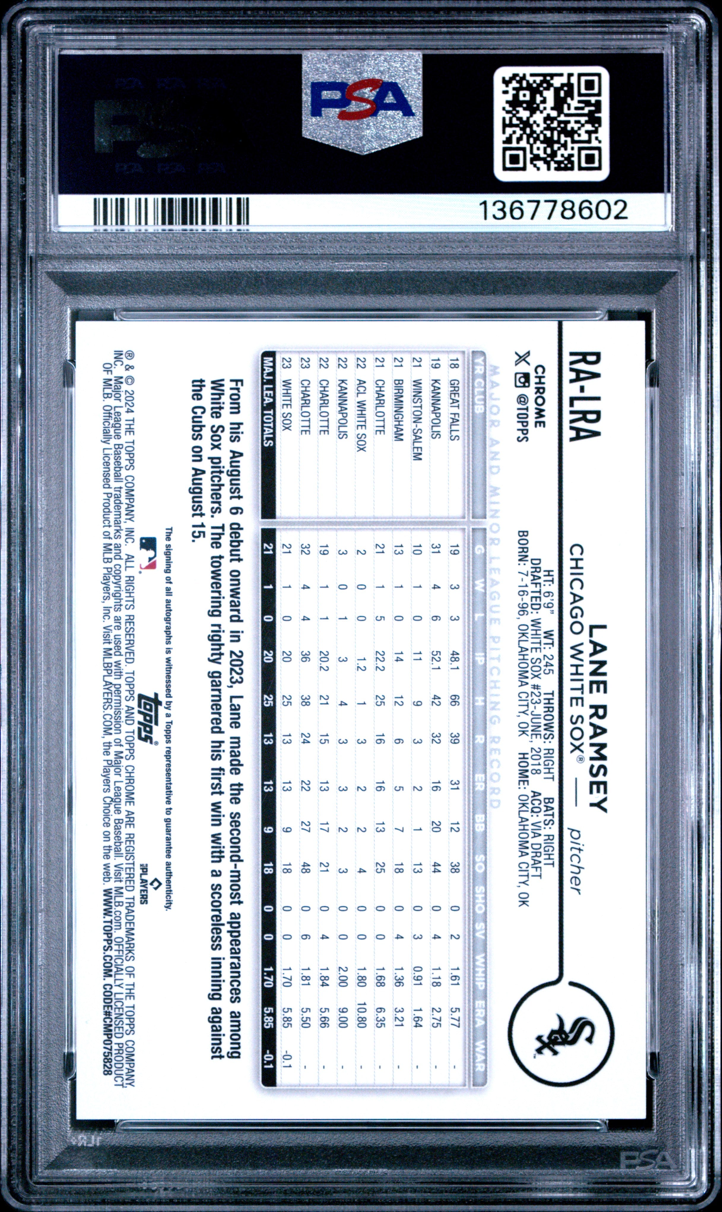 2024 Topps Chrome Rookie Autographs Lane Ramsey Blue Ref 098/150 #RALRA PSA 9