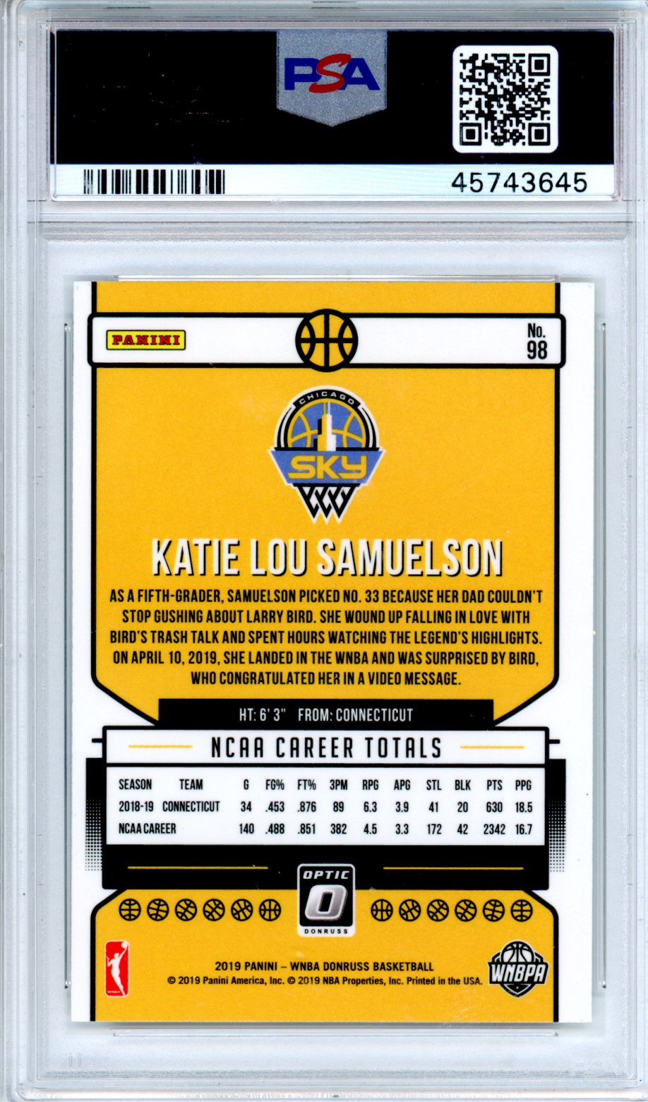 2019 Panini Donruss WNBA Katie Lou Samuelson Optic #98 PSA 10