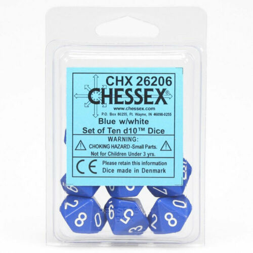 Blue w/white d10 Dice (10 dice) CHX26206 - Dice Sets & Games