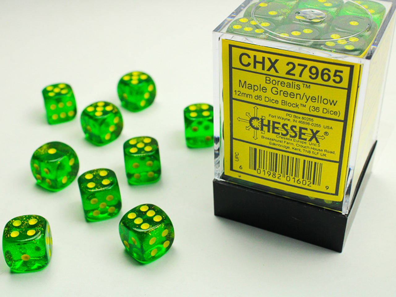 Borealis 12mm d6 Maple Green/Yellow Dice Block (36 dice) CHX27965 - Dice Sets & Games