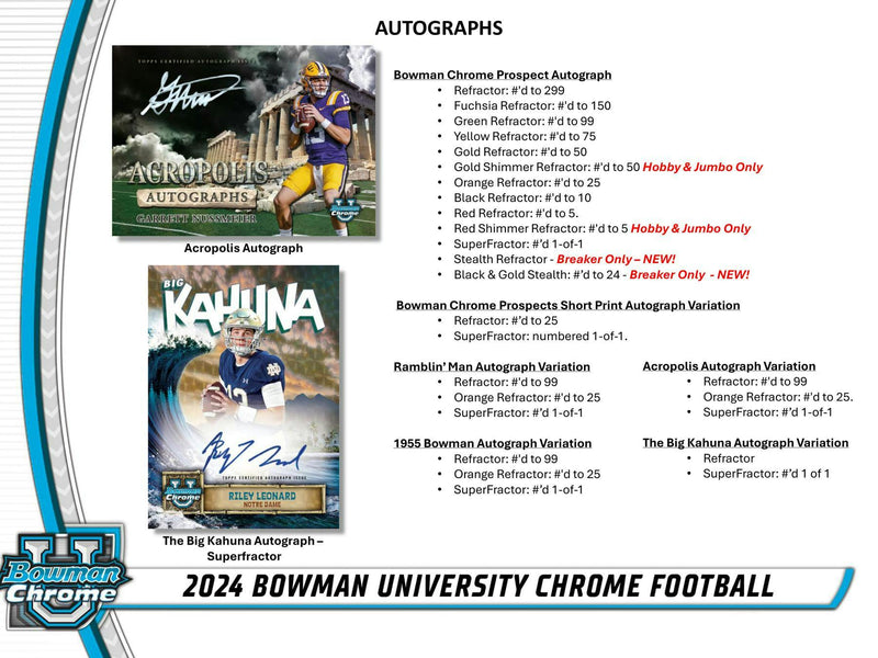 SEALED CASE of 12 Boxes 2024 Bowman University Chrome Football Hobby Box (2 Autos) Nov 27th