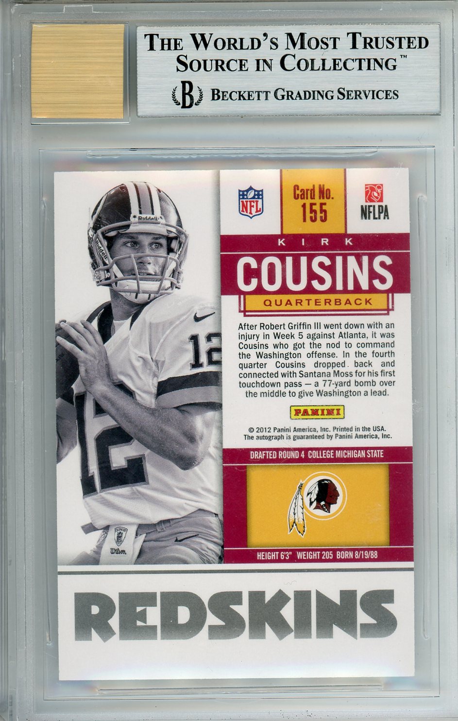 2012 Panini Contenders Kirk Cousins Rookie #155A BGS 9 AUTO 10 Washington