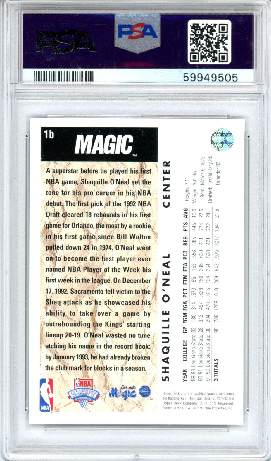 1992 Upper Deck Shaquille O'Neal Trade Card #1b PSA 9