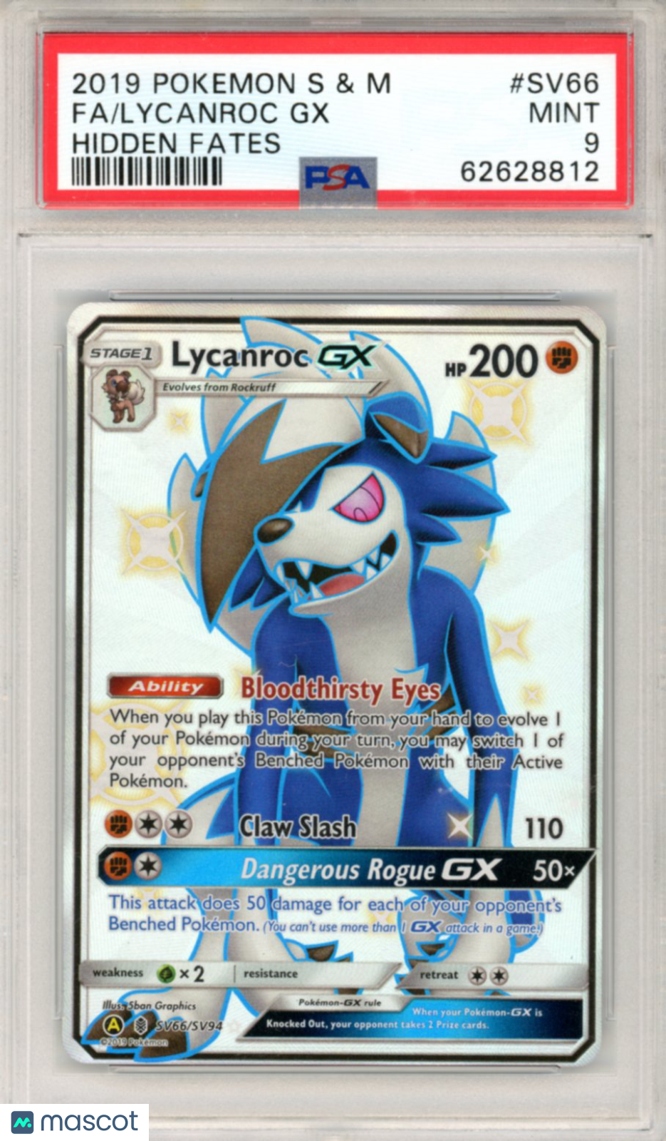 2019 Pokemon Sun & Moon Hidden Fates Lycanroc GX #SV66 FA PSA 9 MINT