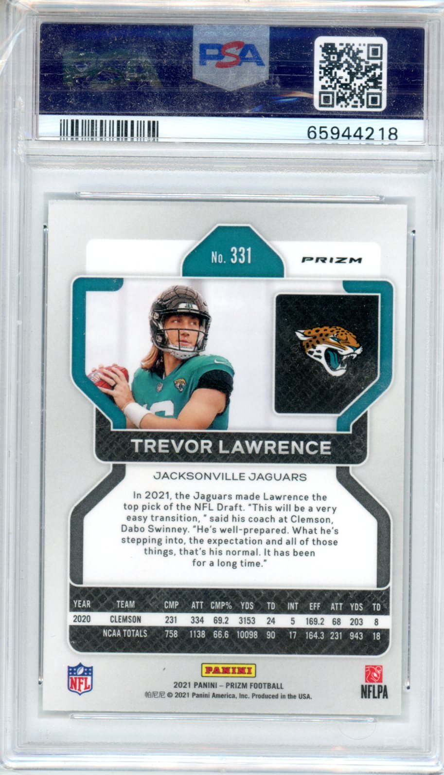 2021 Prizm Trevor Lawrence Silver Holo Rookie #331 PSA 10 GEM MINT Jaguars