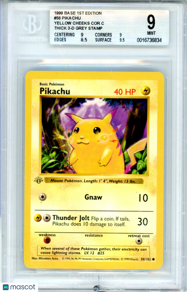 1999 Pokemon Base 1st Ed Pikachu (Yellow Cheeks COR) Thick Stamp BGS 9 MINT