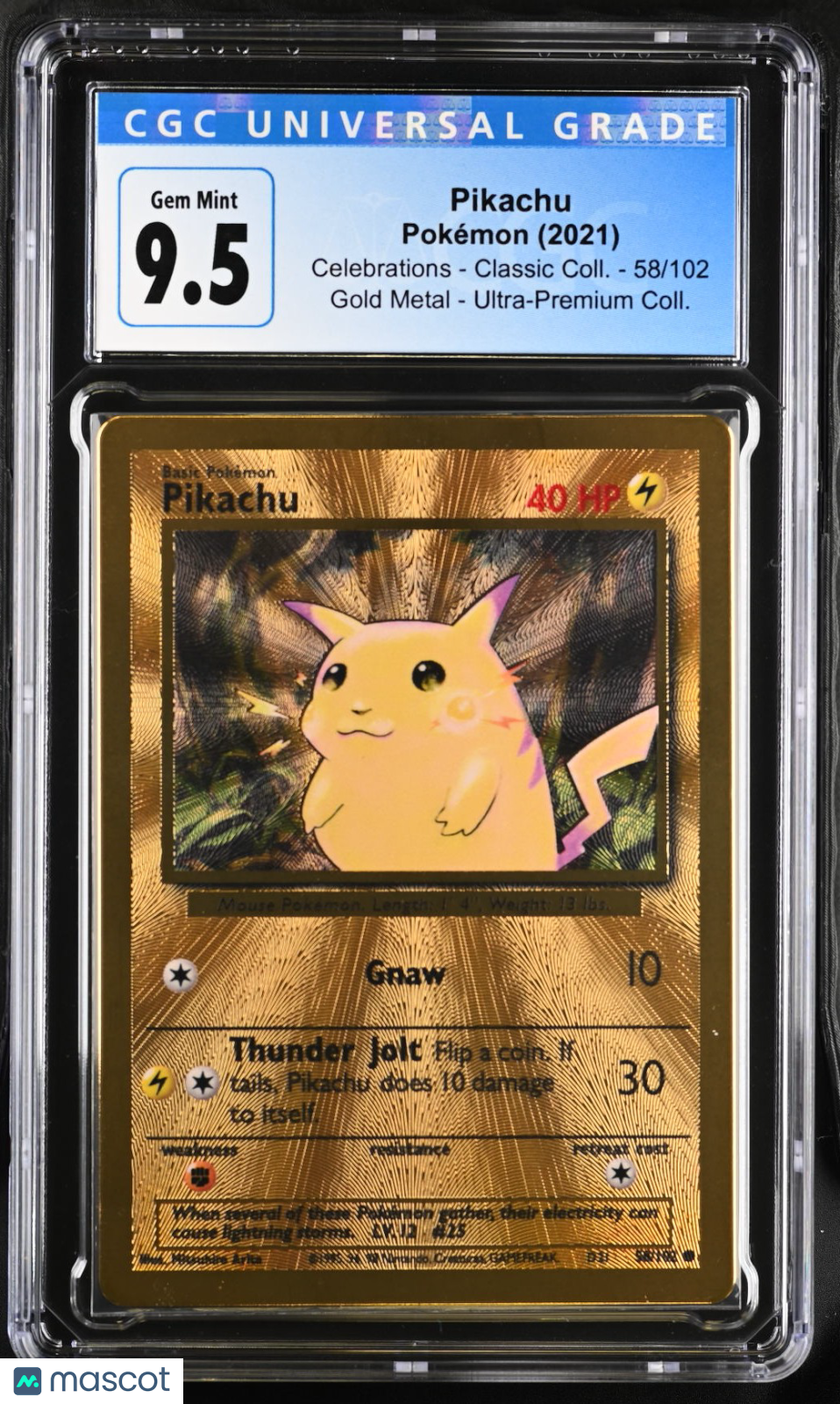CGC 9.5 Blue Label Pikachu 58/102 Celebrations UPC GOLD METAL (Gem Mint 10) - Graded TCG/CCG
