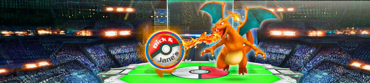 A Charizard figure on a Pokémon-themed disc in a stadium.