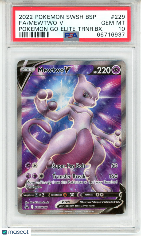 2022 Pokemon SWSH Promo Mewtwo V #229 Pokemon Go Elite Trnr.BX. PSA 10